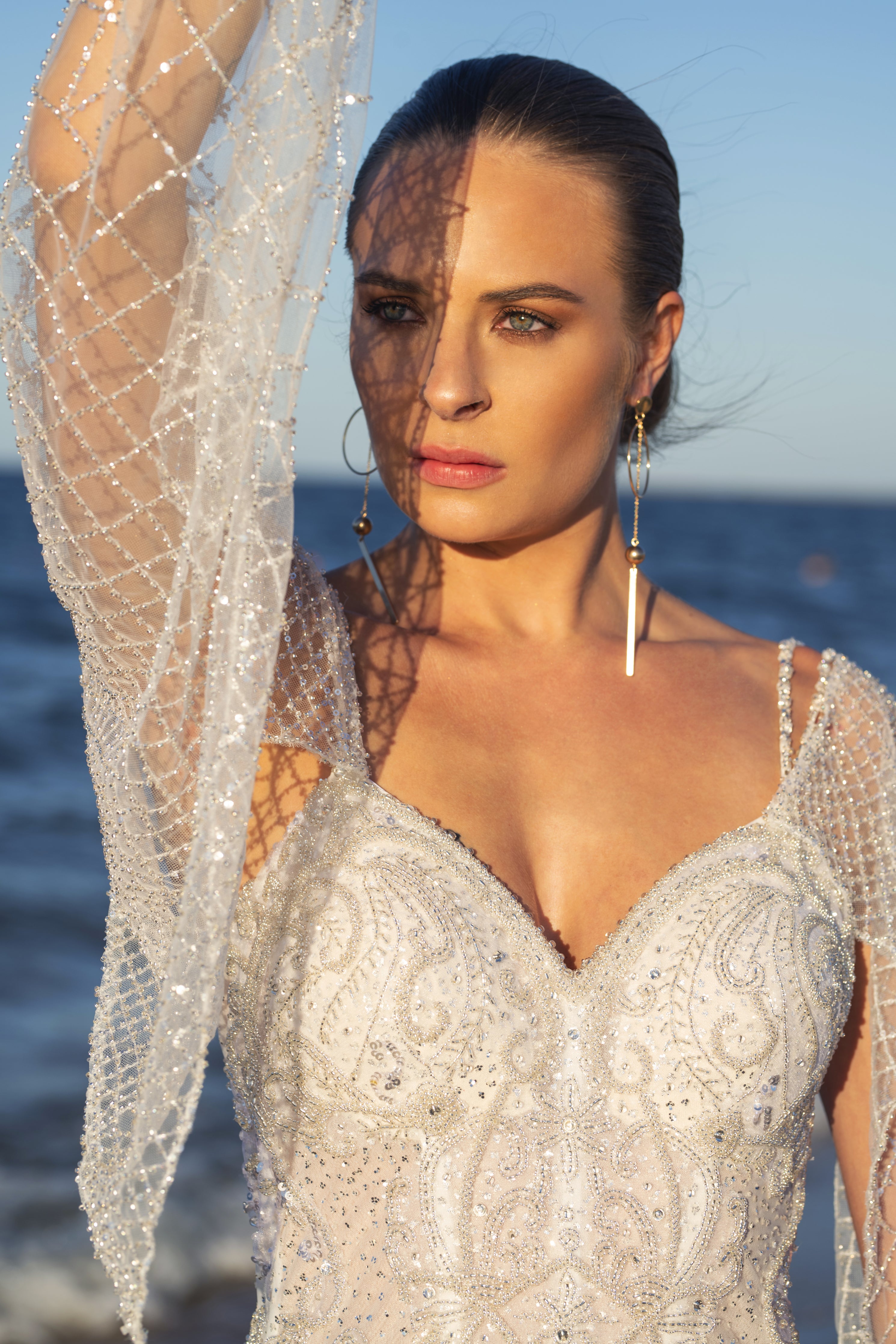 Laurence - Textured Sheath Wedding Dress with Detachable Sleeves - Maxima Bridal