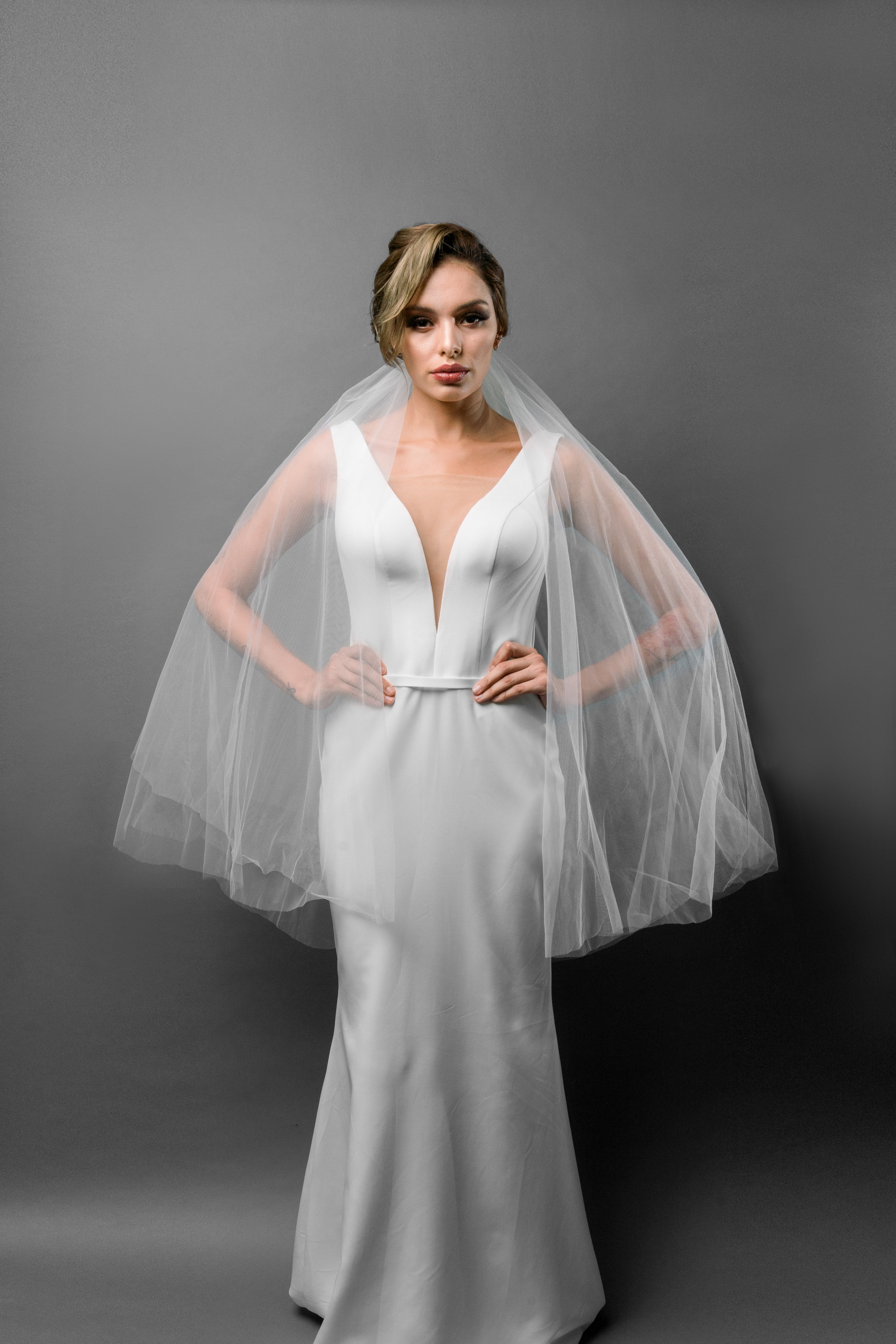 Simple 2 Tier Drop Wedding Veil with Blusher - Available in Different Lengths - Maxima Bridal