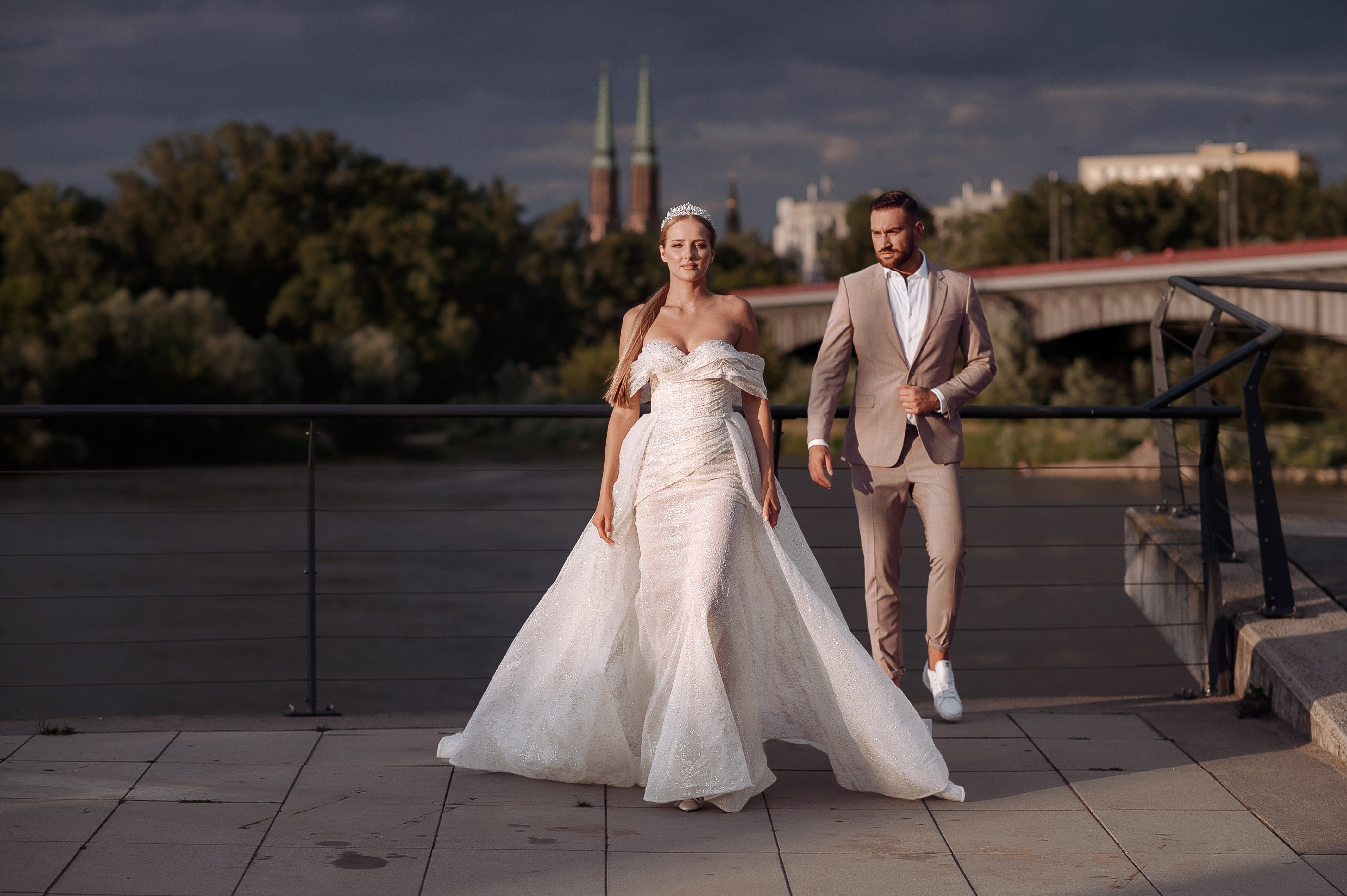 Natalie - Off the Shoulder Sparkliong Wedding Dress with Detachable Train - Maxima Bridal