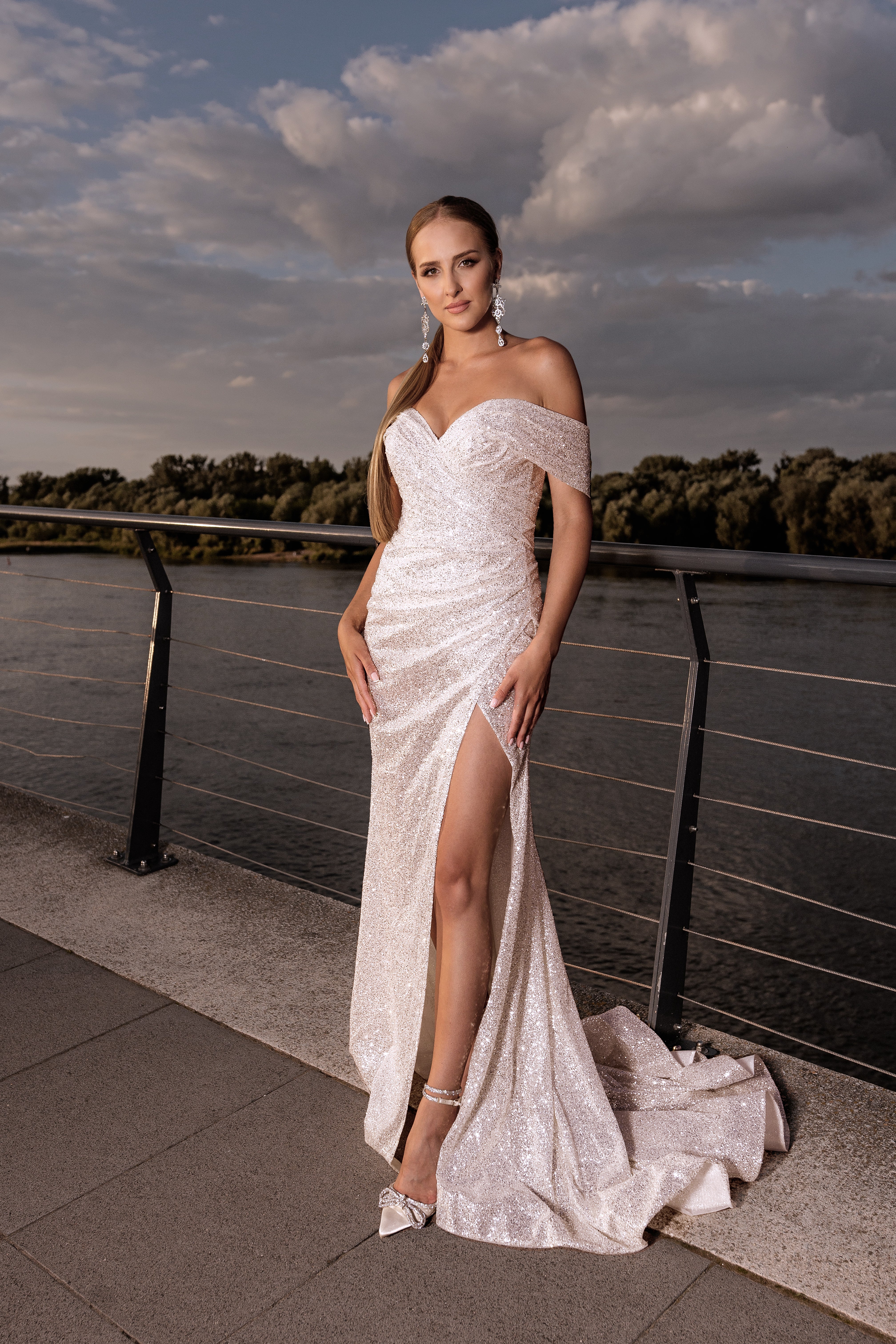 Polly - Sparkling Sheath Wedding Dress with Off the Shoulder Sleeves - Maxima Bridal