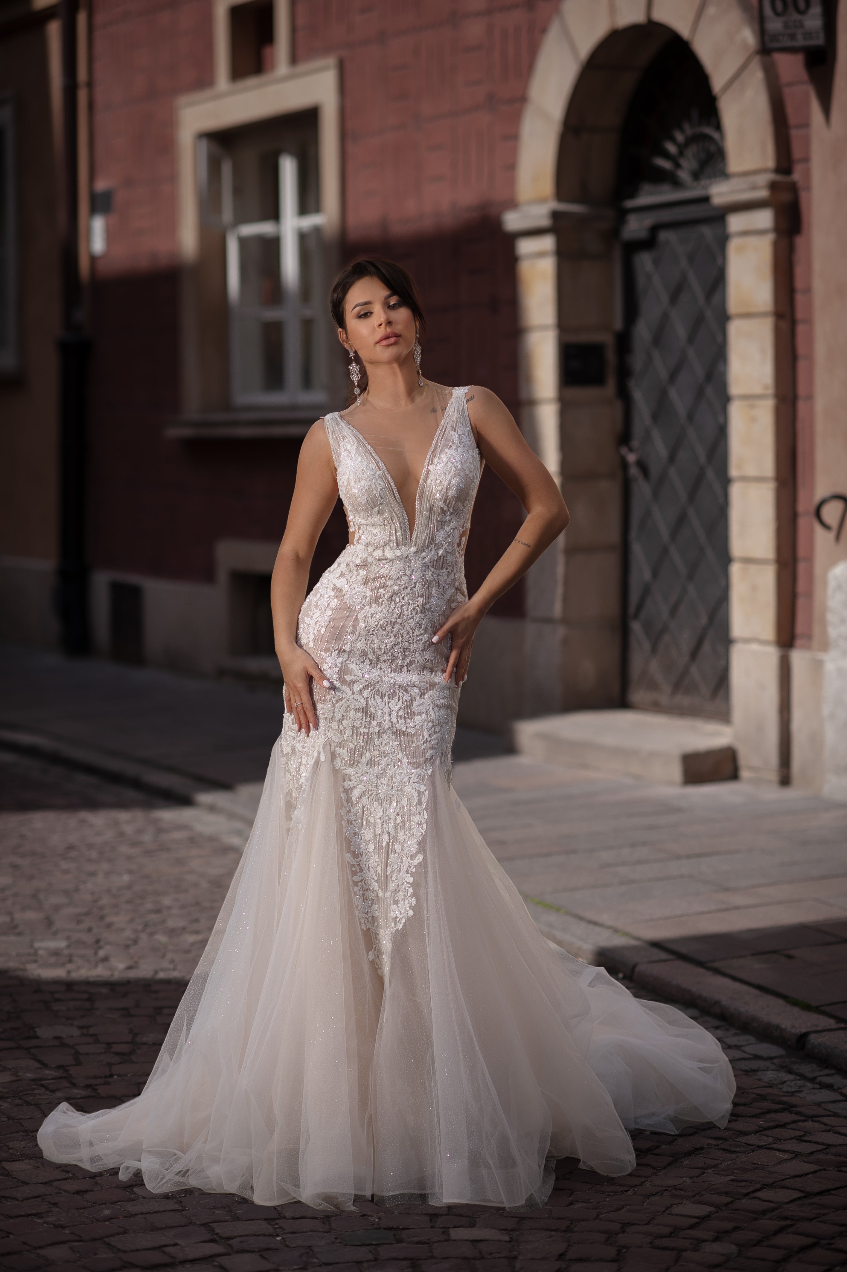 Arya - Sparkling V Neck Wedding Dress with Spaghetti Straps - Maxima Bridal