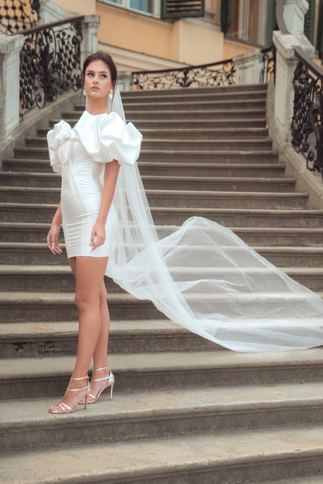Bianca - Short Wedding Dress with Puff Sleeves - Maxima Bridal