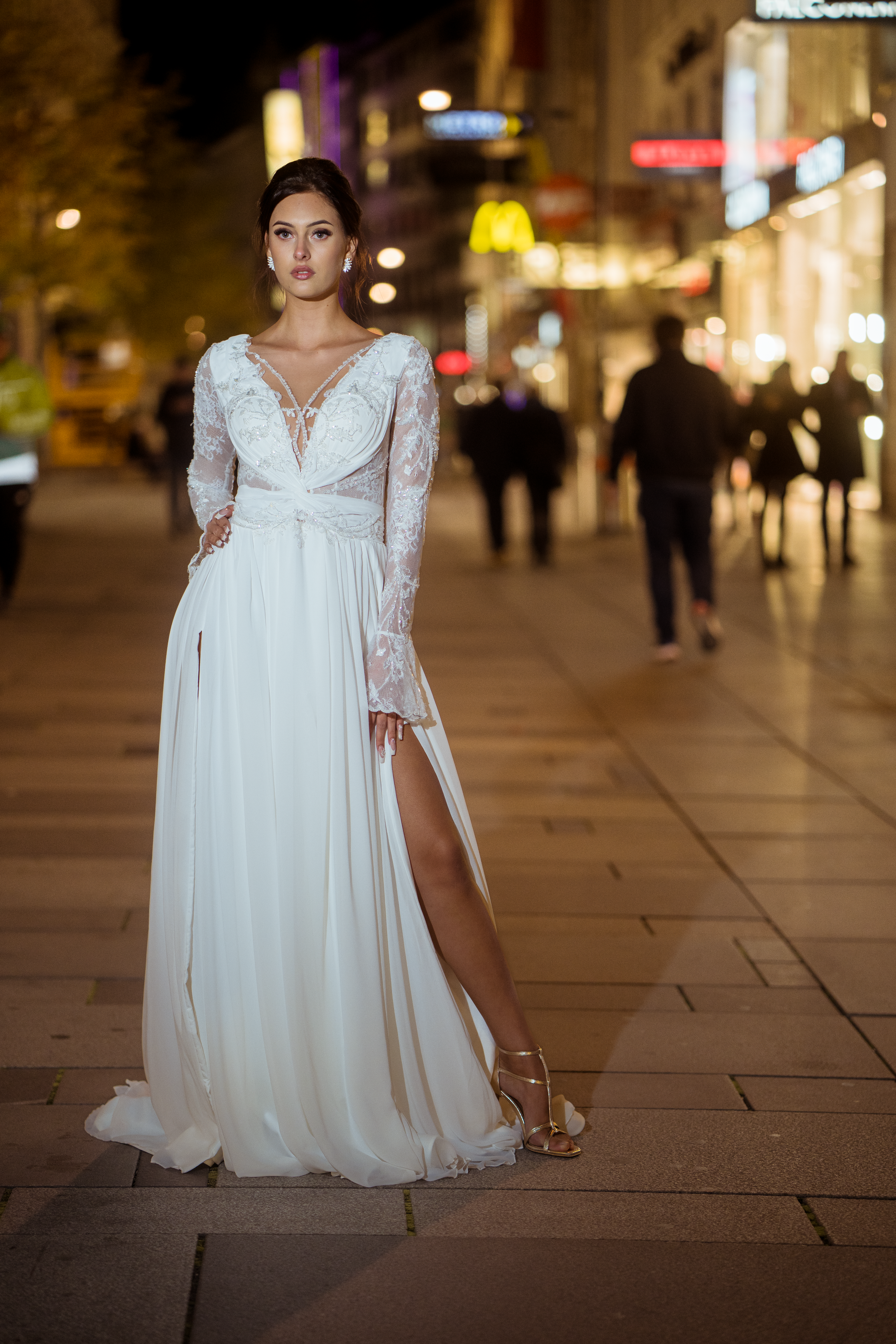 Diana - Floral Lace Long Sleeve Sheath Wedding Dress - Maxima Bridal