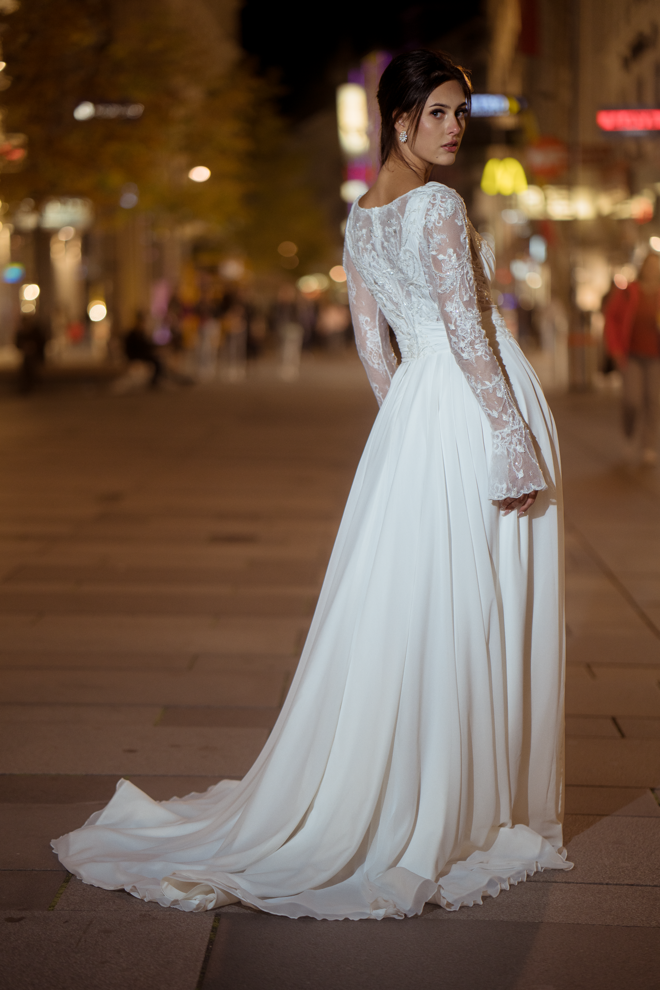Ivory Lace and Satin Plunging V-neck Wedding Dress - Promfy