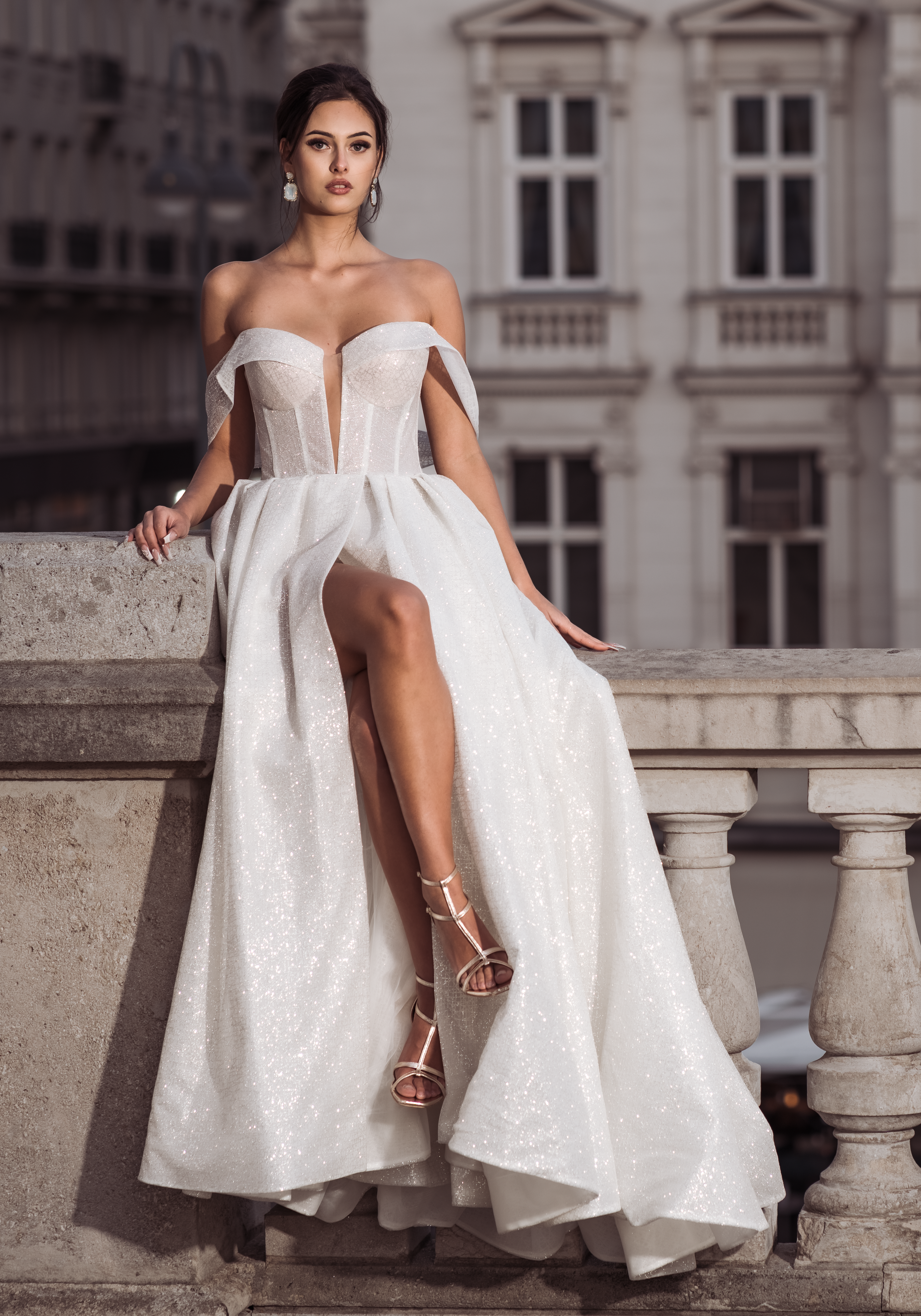 Paula - Sparkling Off the Shoulder Ball Gown with Sweetheart Bodice and Side Slit - Maxima Bridal