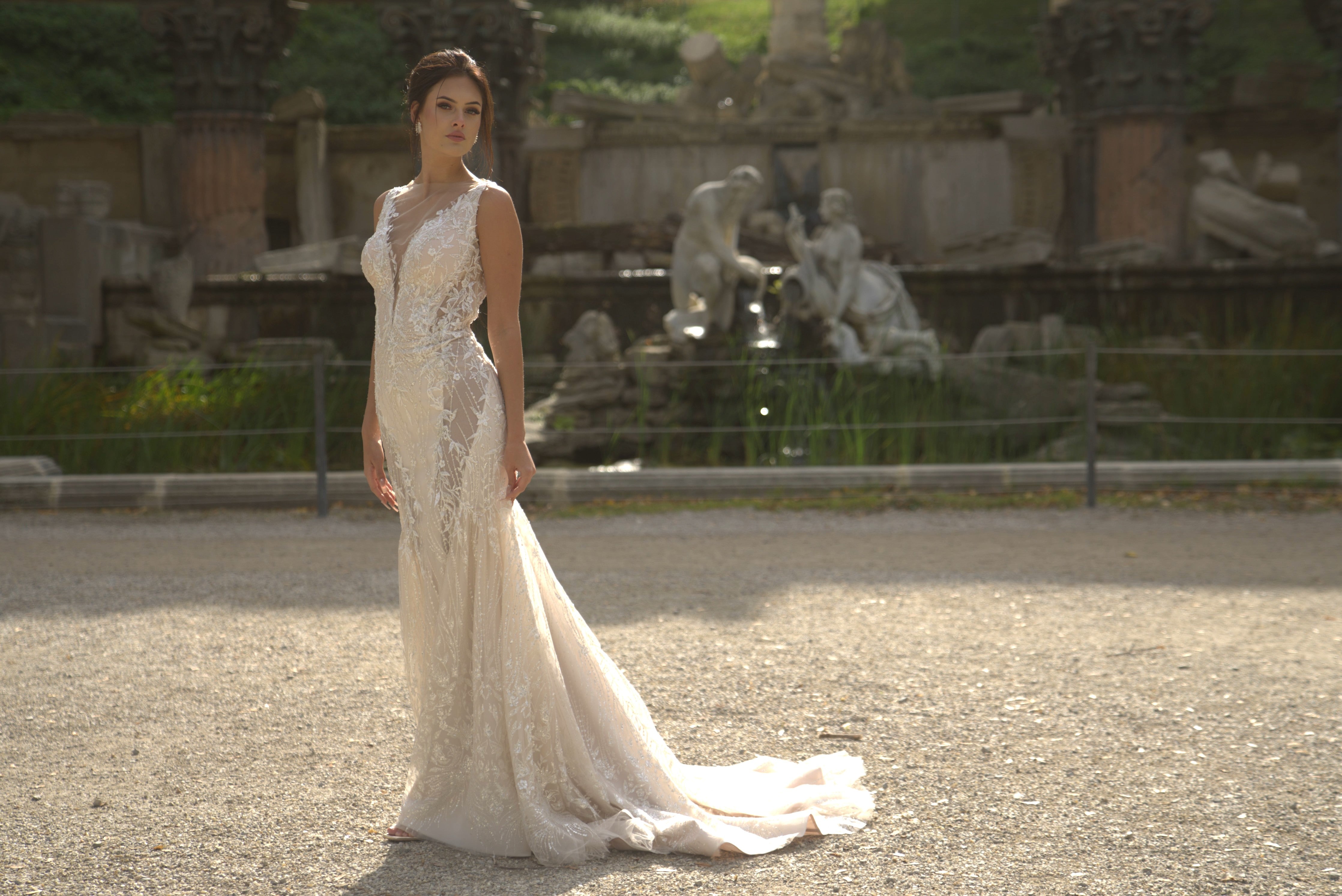 Claudia - Lace Sheath Wedding Dress with Illusion Back - Maxima Bridal