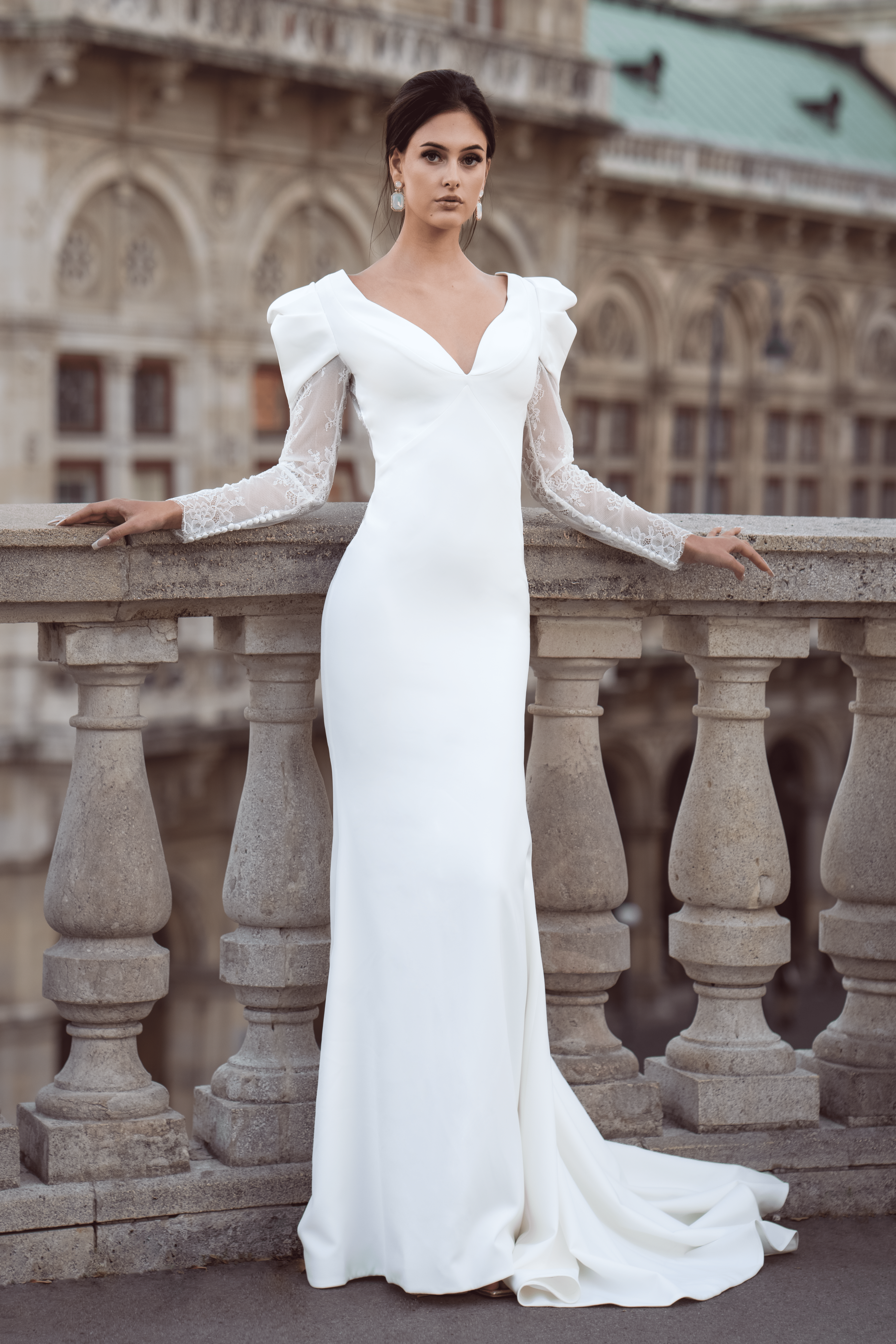 Jahanna - Crepe Long Sleeve Sheath Wedding Dress - Maxima Bridal