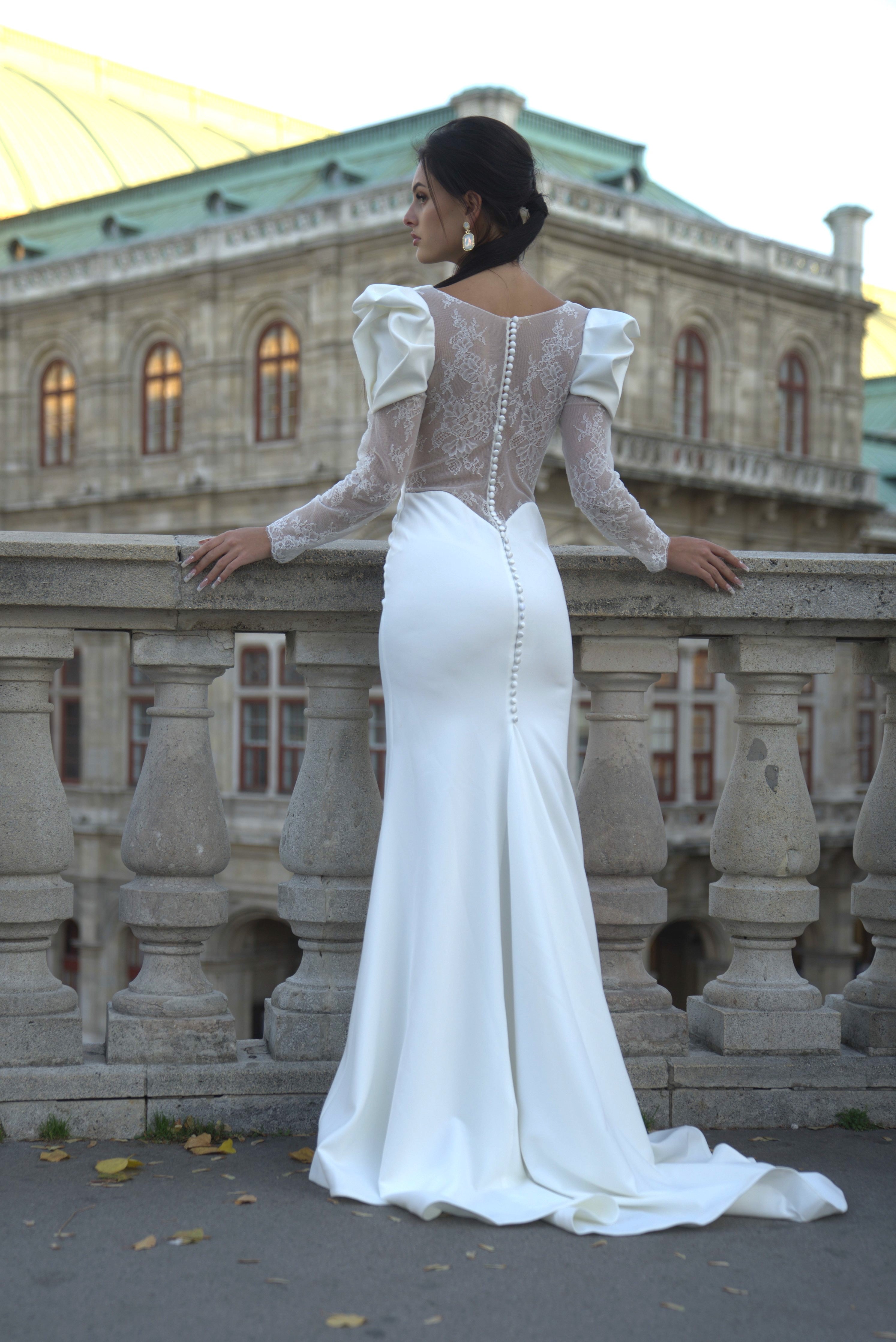 Jahanna - Crepe Long Sleeve Sheath Wedding Dress - Maxima Bridal
