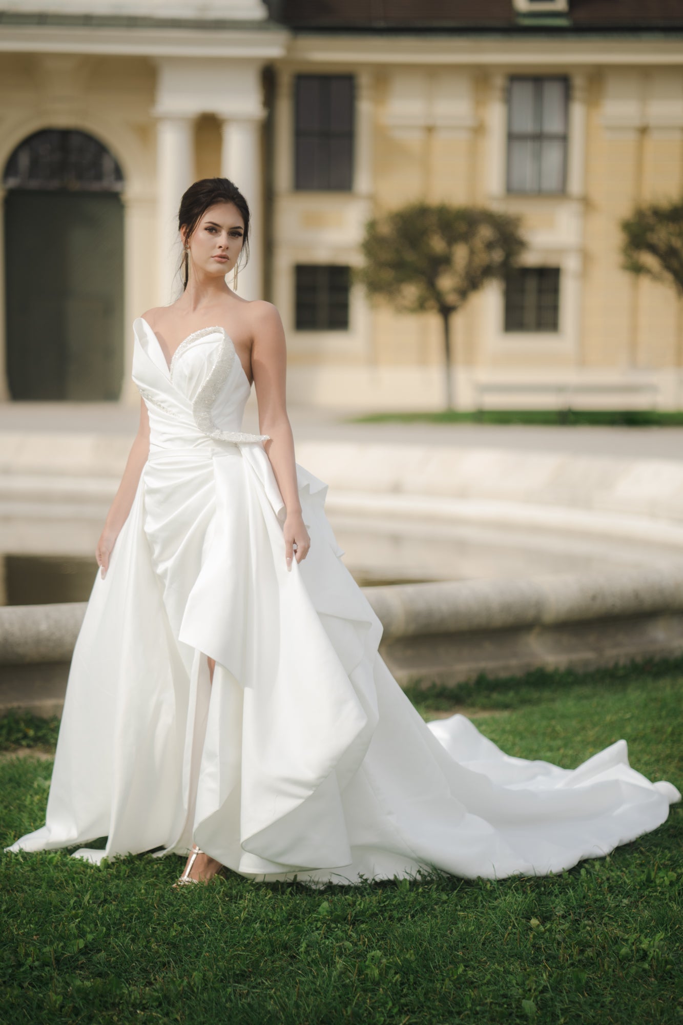 Emma - Strapless Satin Dress with Side Slit and a Detachable Train - Maxima Bridal