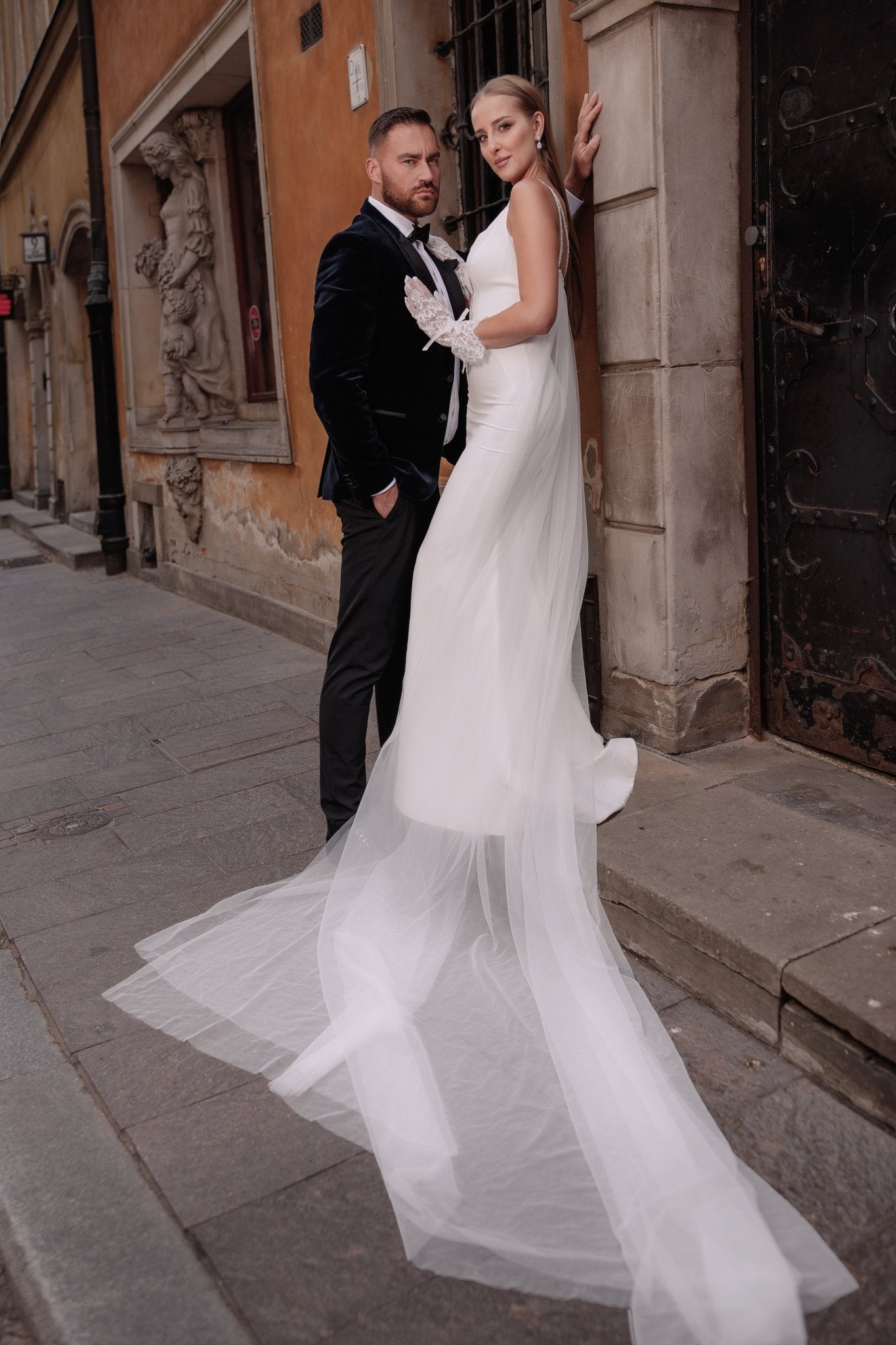 Harper - Modern Crepe Sheath Wedding Dress with V - Neck - Maxima Bridal