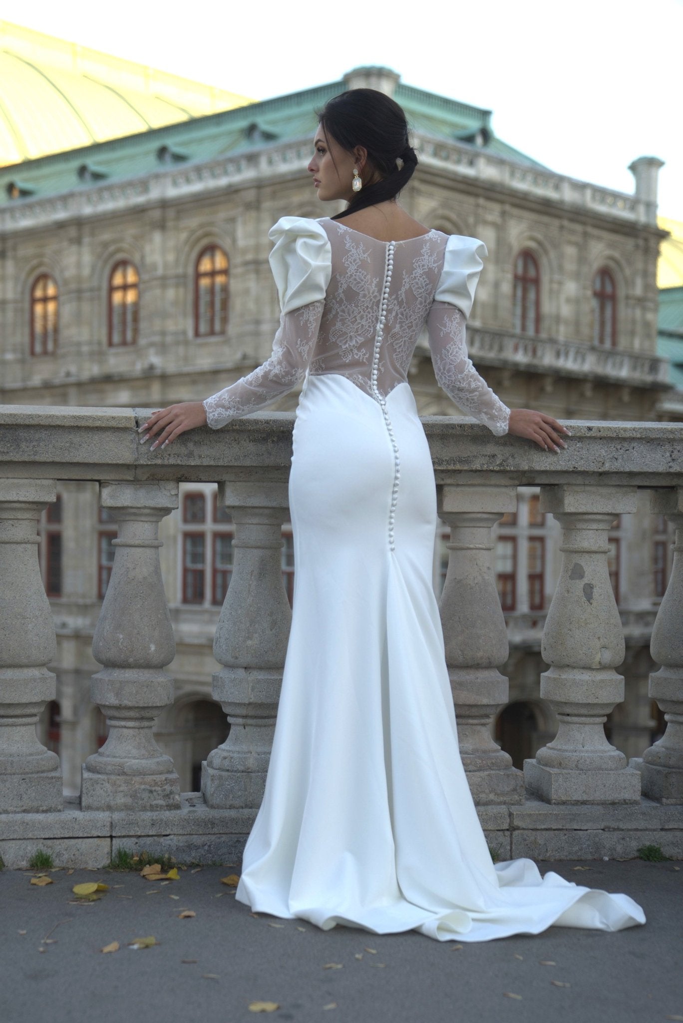 Johanna - Crepe Long Sleeve Sheath Wedding Dress - Maxima Bridal