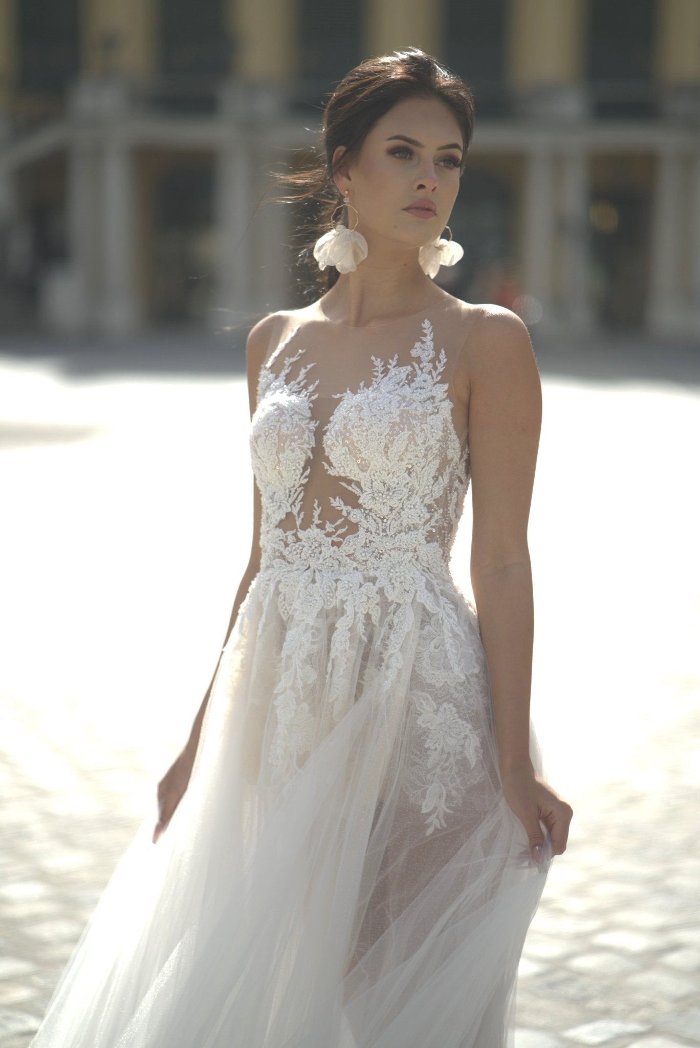 Lisa - Lace A - Line Wedding Dress with Tulle Skirt - Maxima Bridal