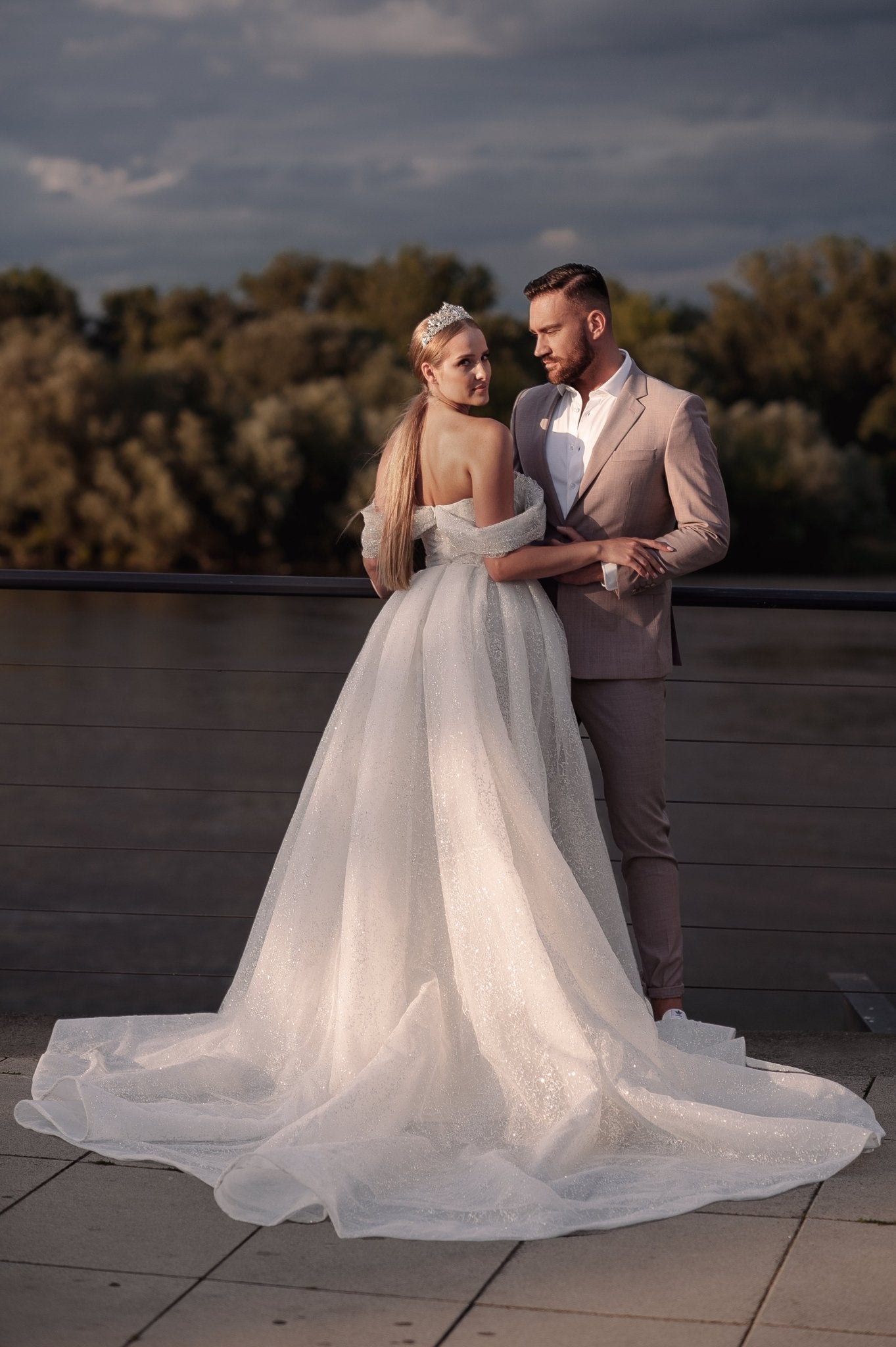 Natalie - Off the Shoulder Sparkliong Wedding Dress with Detachable Train - Maxima Bridal