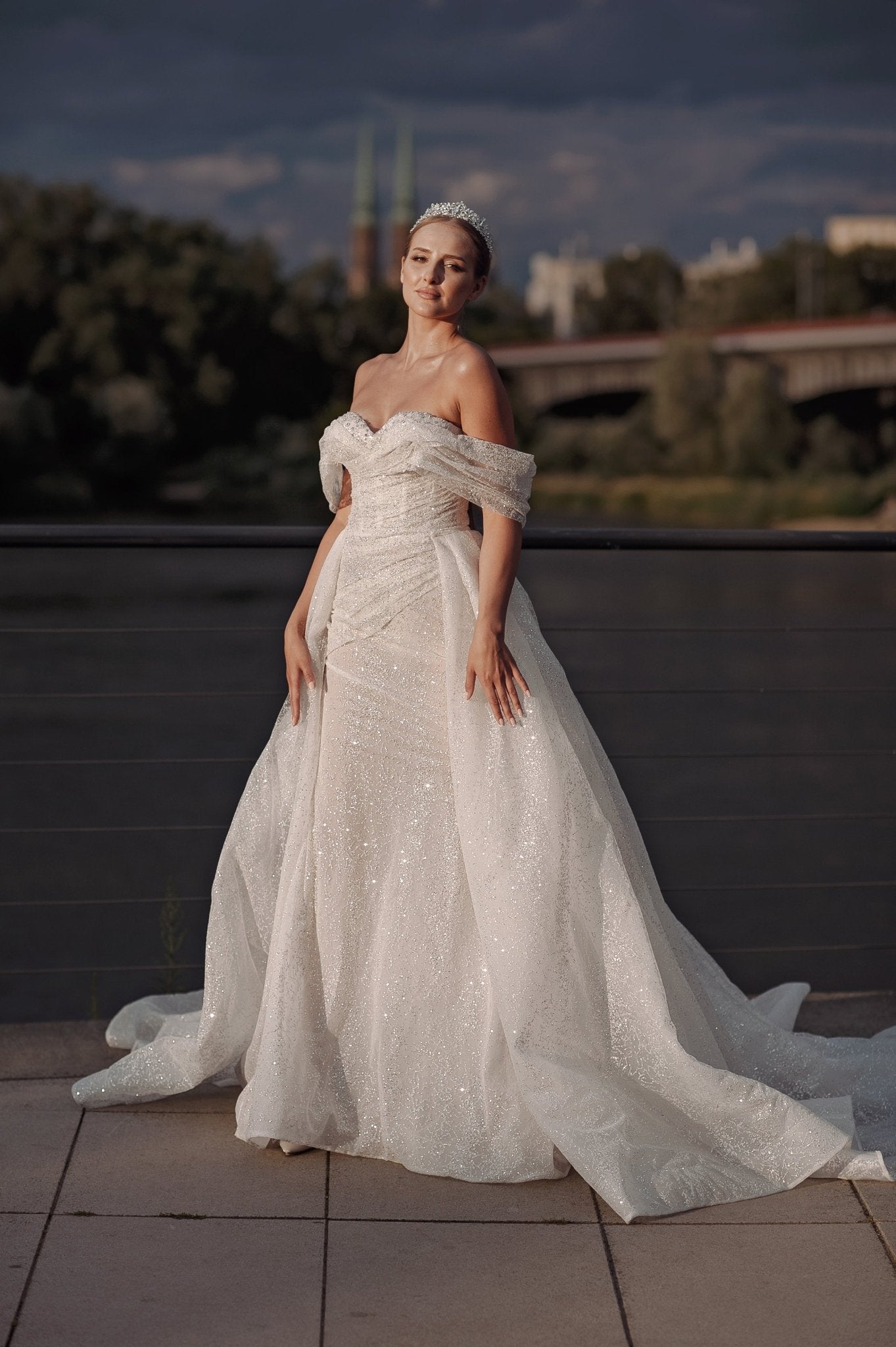 Natalie - Off the Shoulder Sparkliong Wedding Dress with Detachable Train - Maxima Bridal