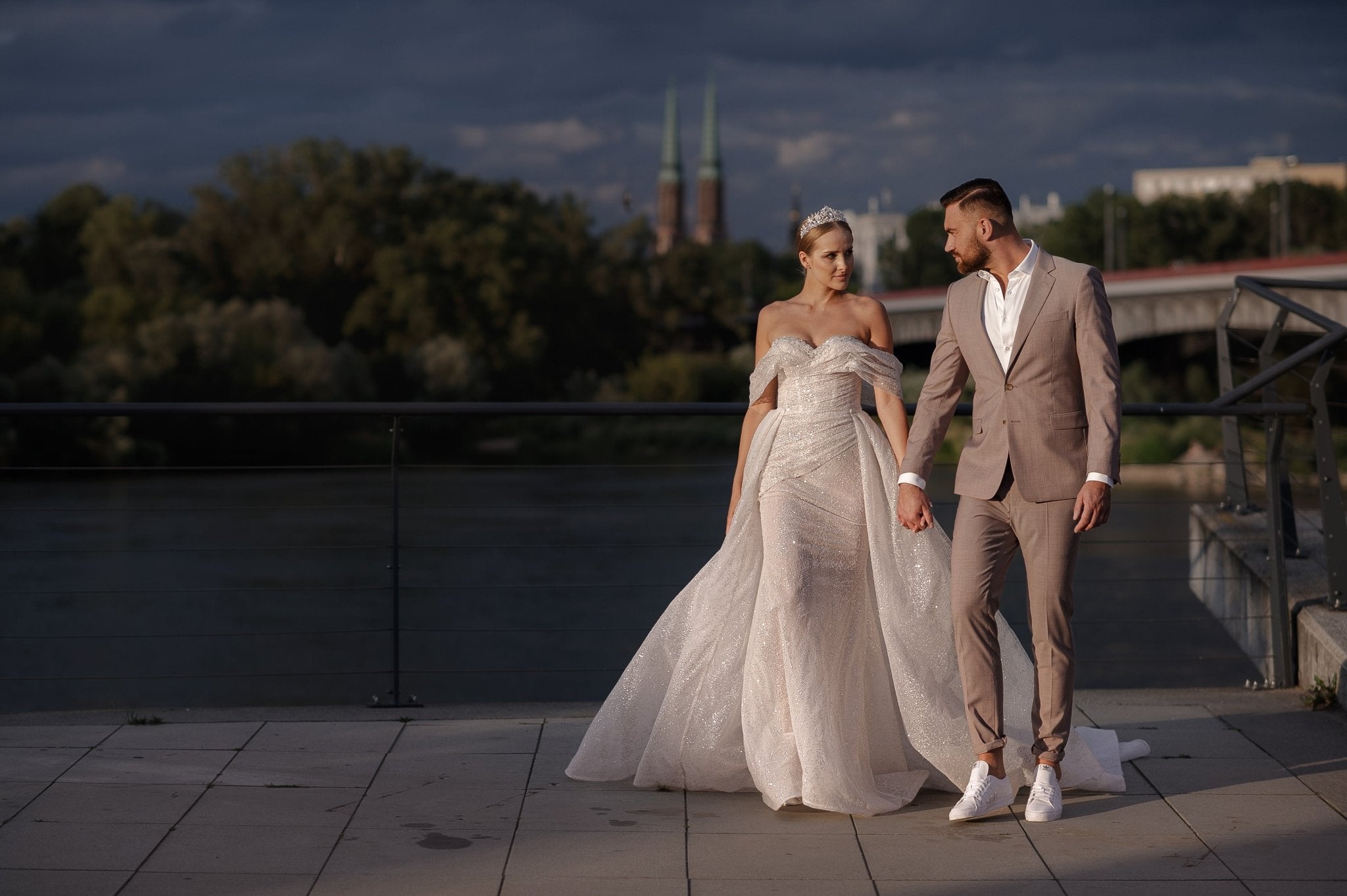 Natalie - Off the Shoulder Sparkliong Wedding Dress with Detachable Train - Maxima Bridal