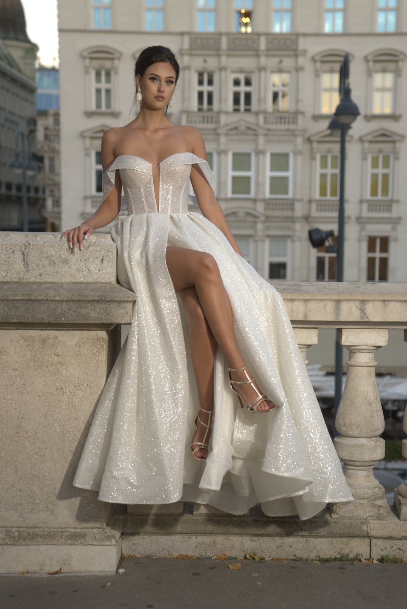 Paula - Sparkling Off the Shoulder Ball Gown with Sweetheart Bodice and Side Slit - Maxima Bridal