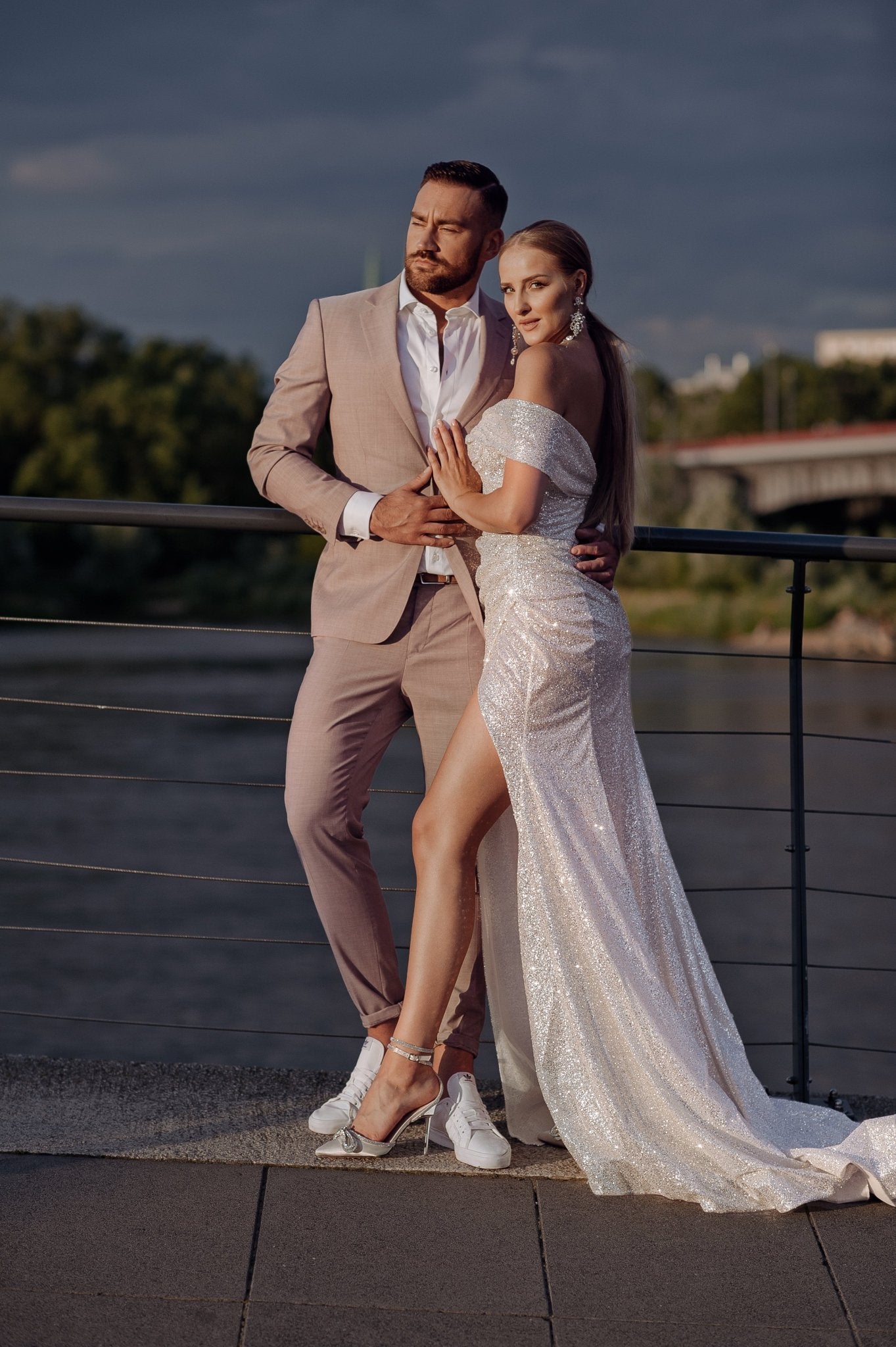 Polly - Sparkling Sheath Wedding Dress with Off the Shoulder Sleeves - Maxima Bridal