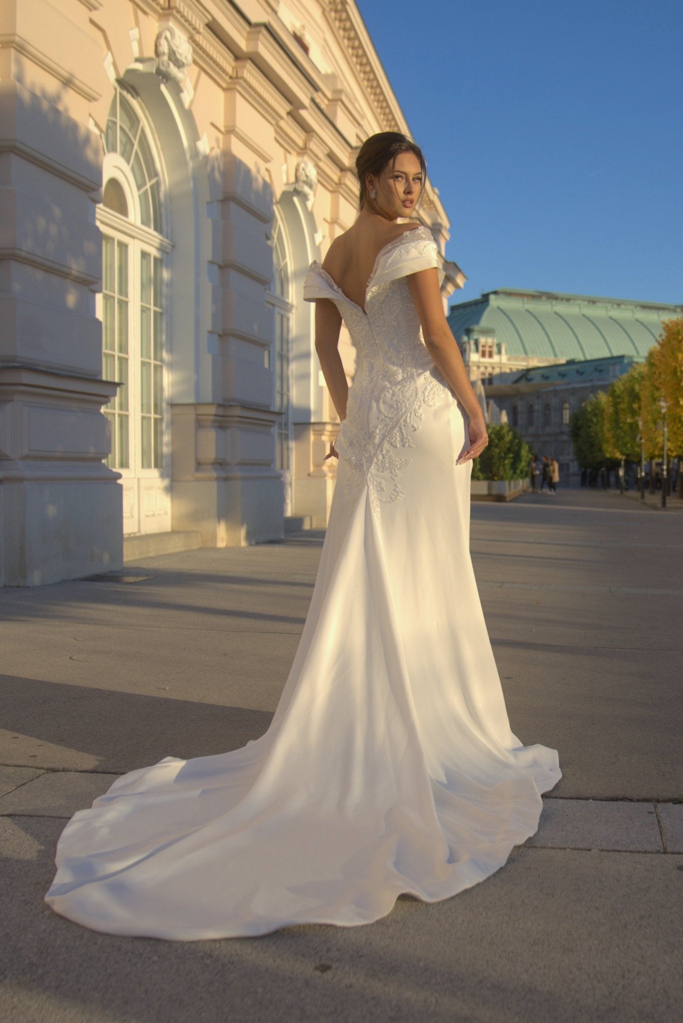 Sandra - Off the Shoulder Sheath Wedding Dress with Side Slit - Maxima Bridal