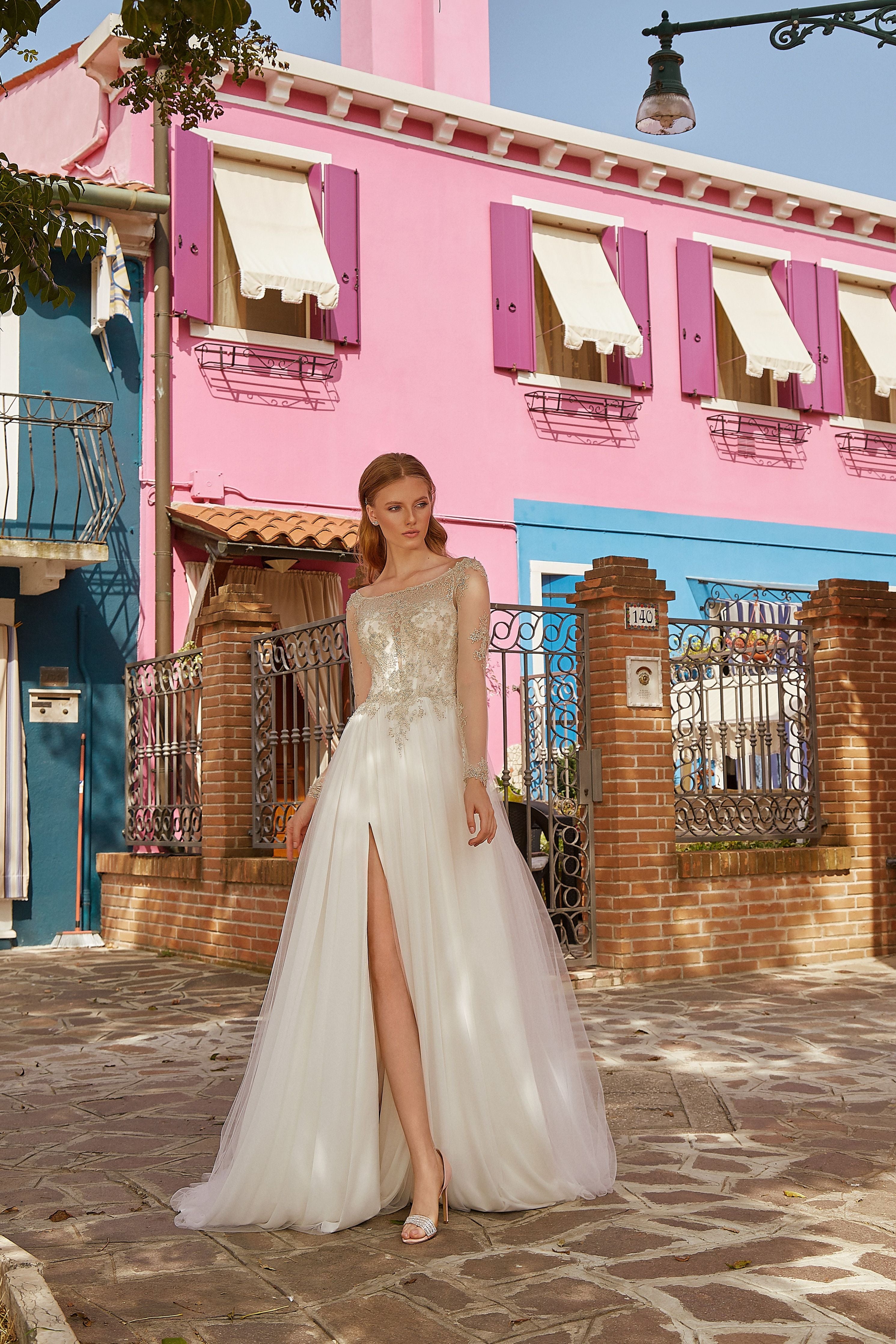 Adriana - Long Sleeve A-Line Wedding Dress with Tulle Slit Skirt - Maxima Bridal