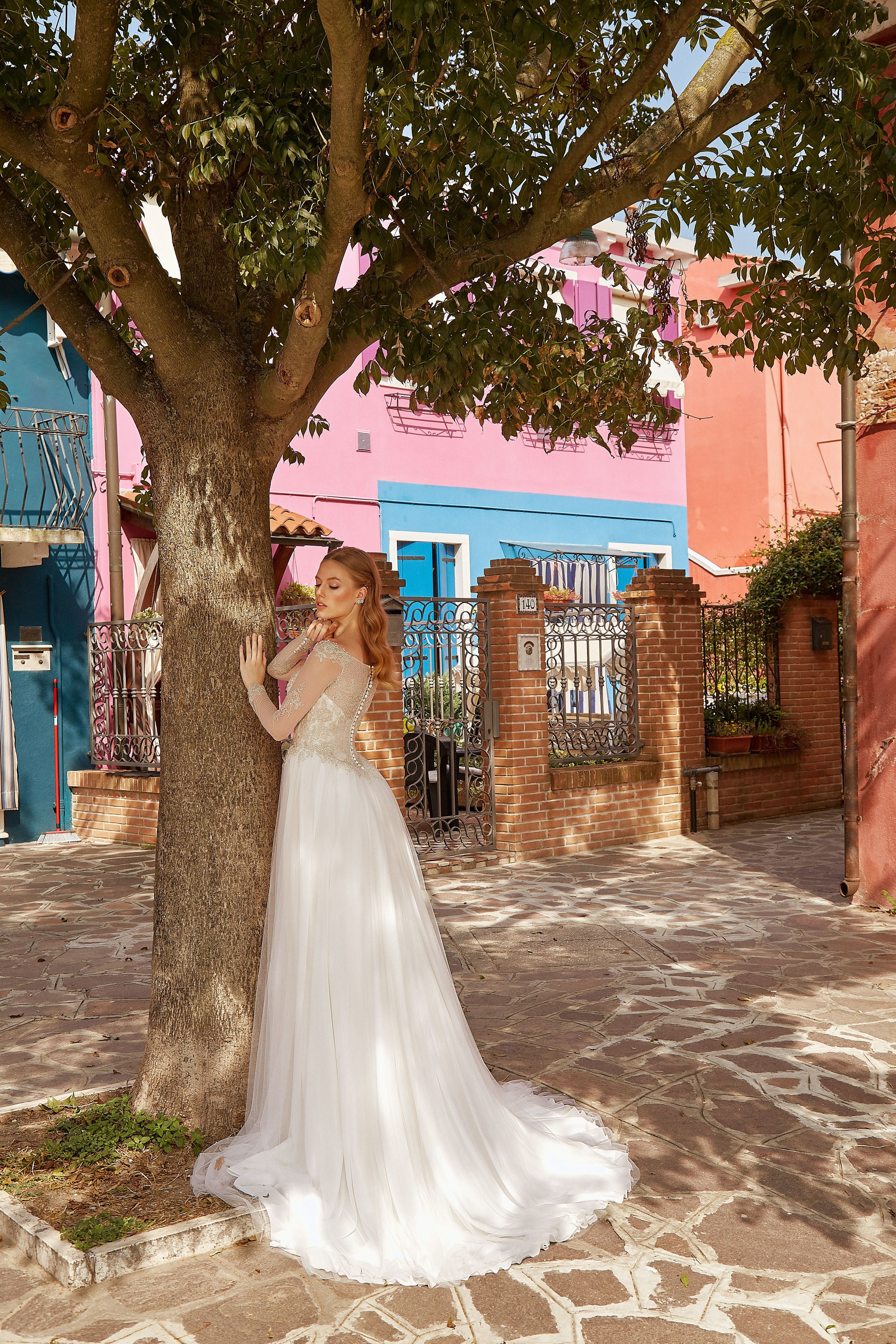 Adriana - Long Sleeve A-Line Wedding Dress with Tulle Slit Skirt - Maxima Bridal