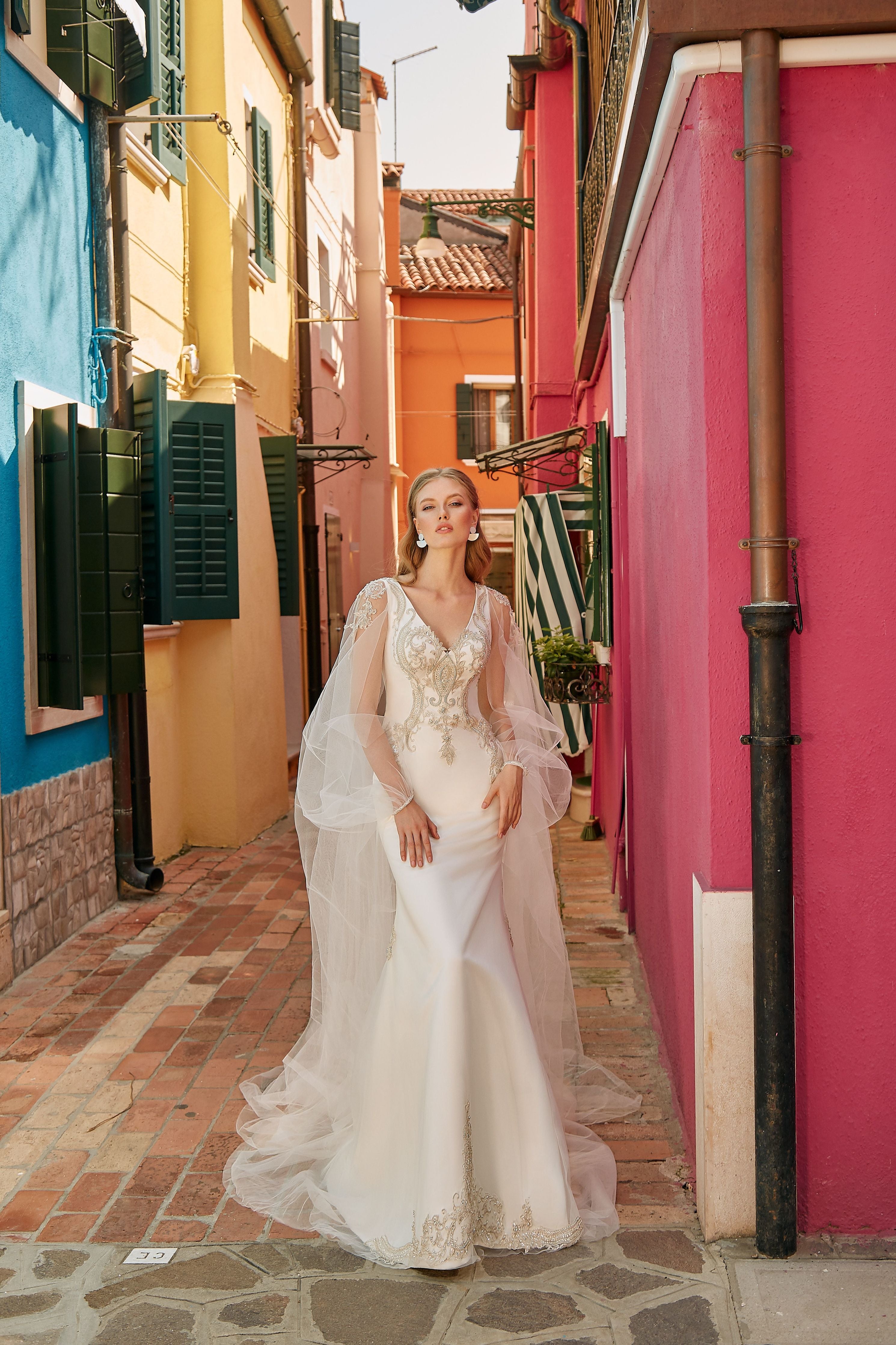 Irene - Crepe Sheath Wedding Dress with Tulle Cape - Maxima Bridal