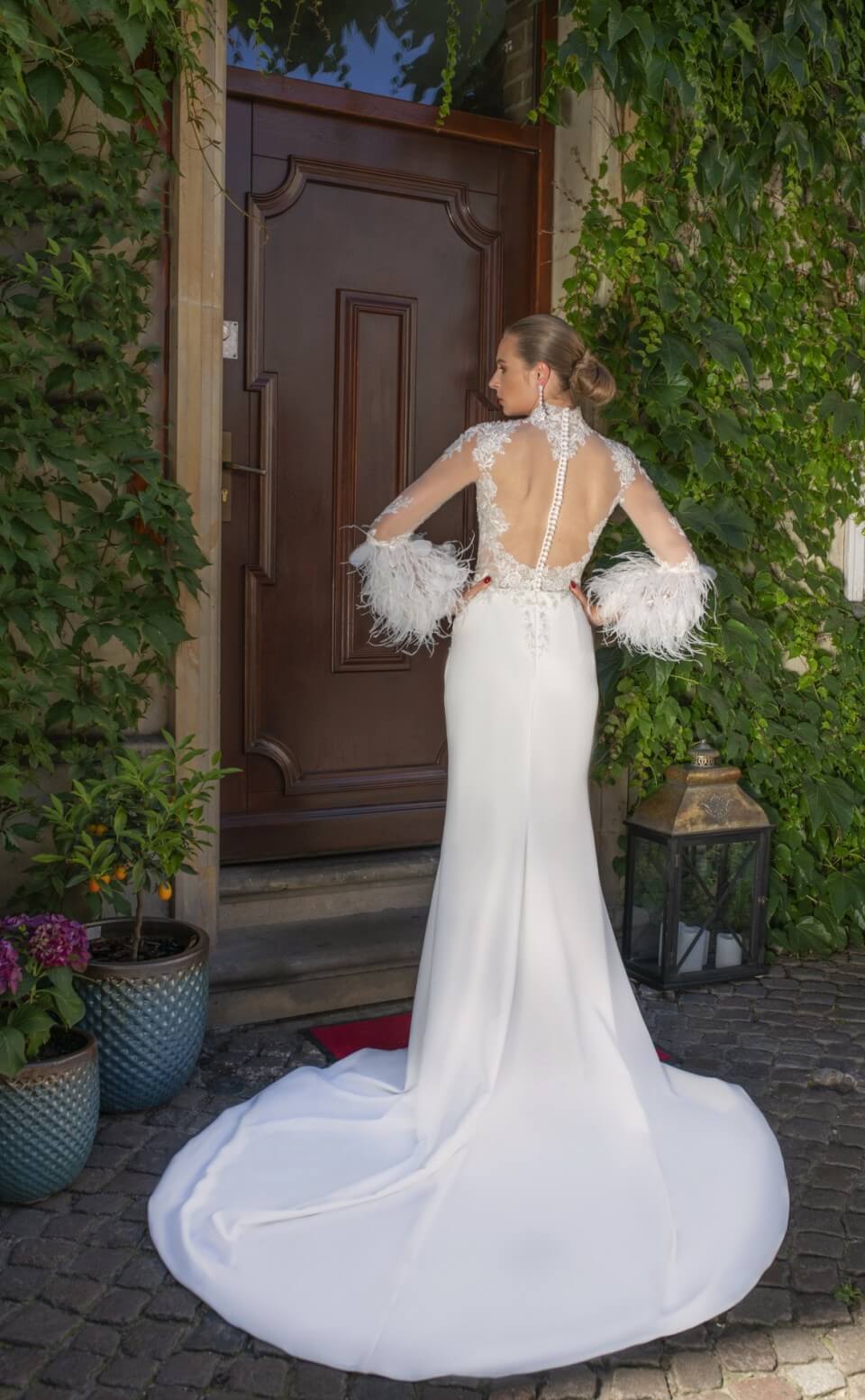 Marion - High Neck Feathered Sleeves Illusion Wedding Dress - Maxima Bridal