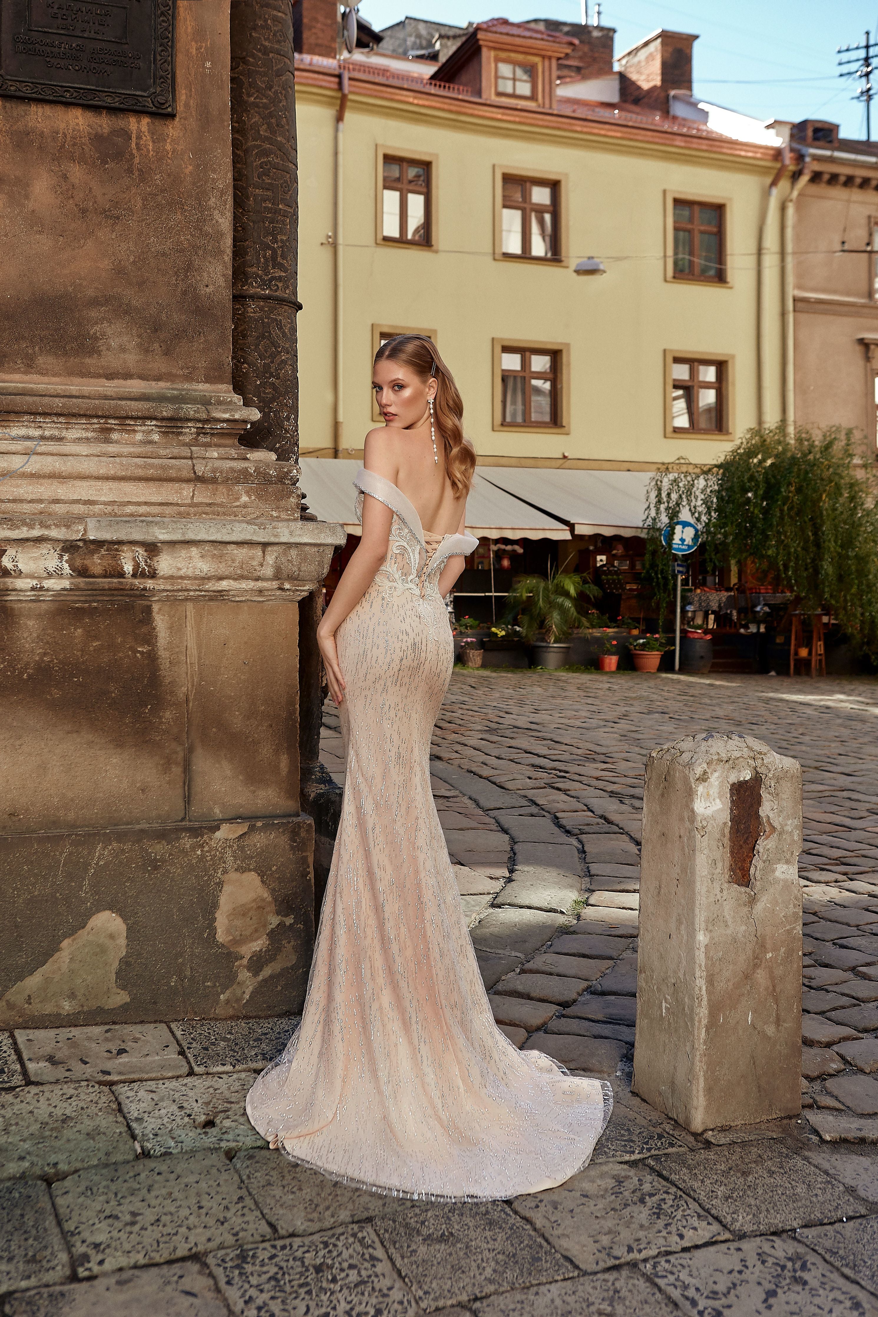 Brigitte - Off the Shoulder Sheath Wedding Dress with Detachable Train - Maxima Bridal