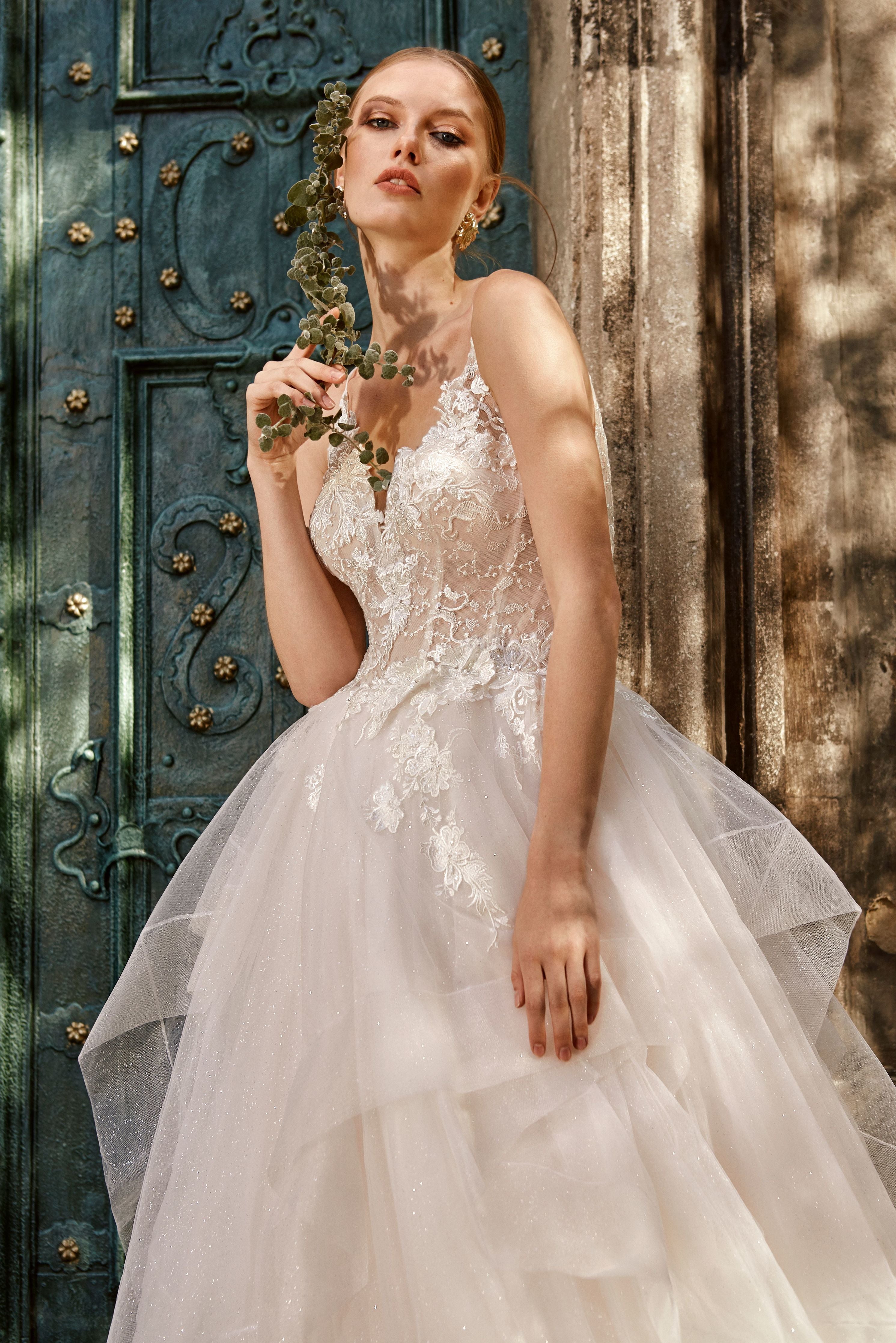 Sonia - Floral Lace Wedding Dress with Ruffled Skirt - Maxima Bridal