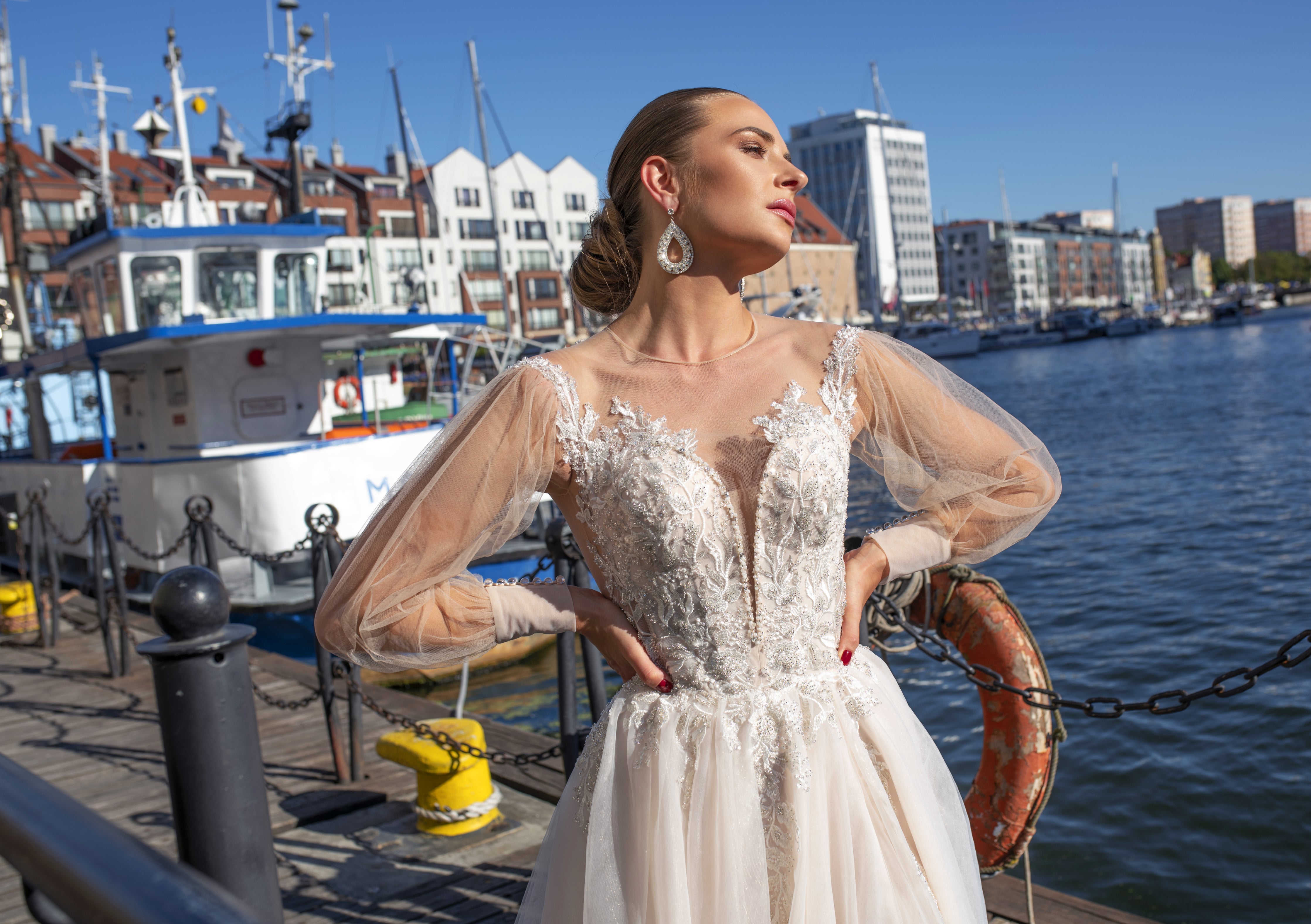Eloise - Long Sheer Sleeves Wedding Dress with Keyhole Back - Maxima Bridal
