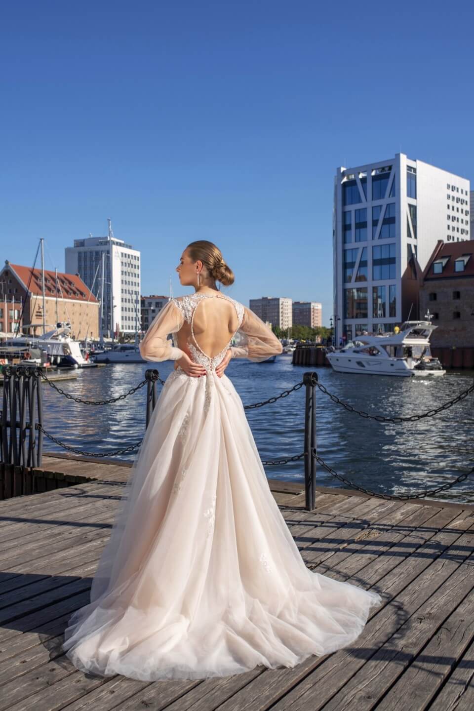 Eloise - Long Sheer Sleeves Wedding Dress with Keyhole Back - Maxima Bridal