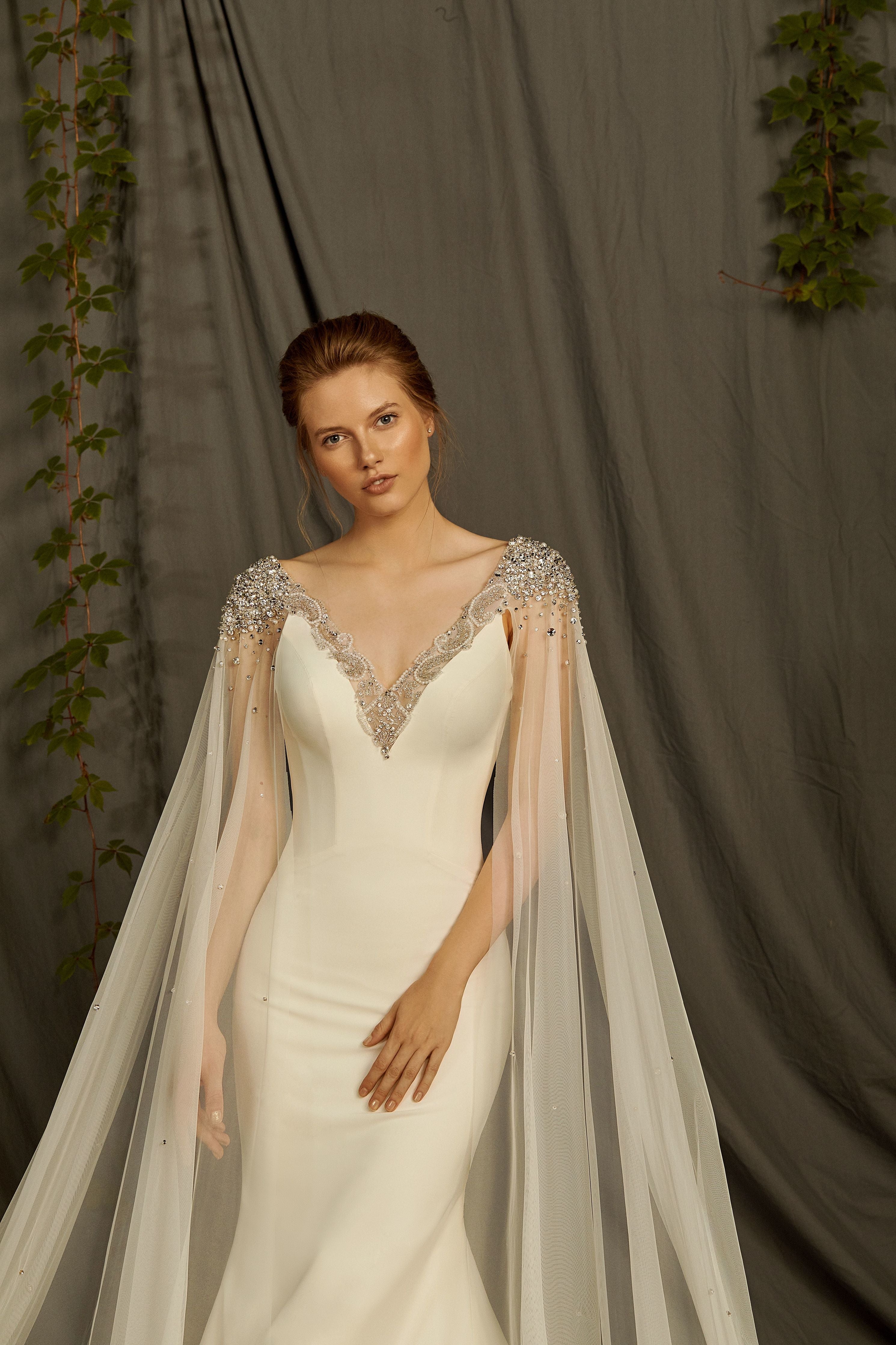 Frances - Cape Sleeves Mermaid Wedding Dress with V-Neck - Maxima Bridal