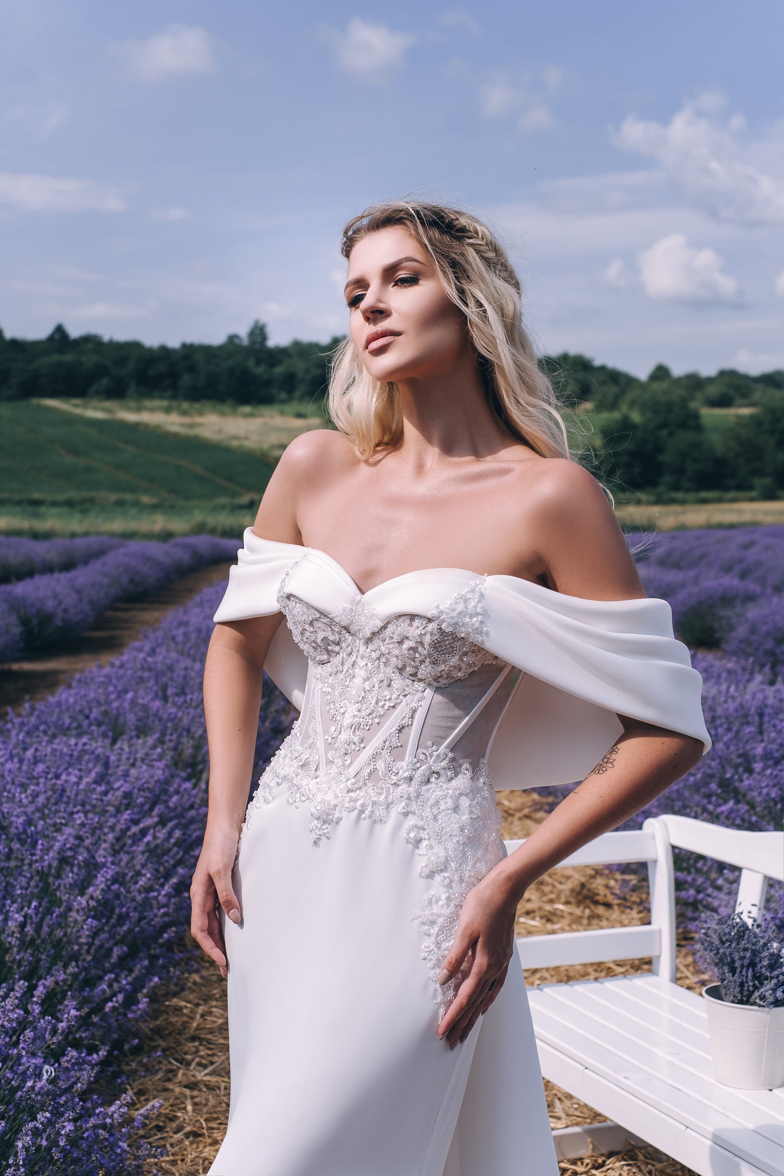 Genevieve - Off the Shoulder Sheath Wedding Dress - Maxima Bridal