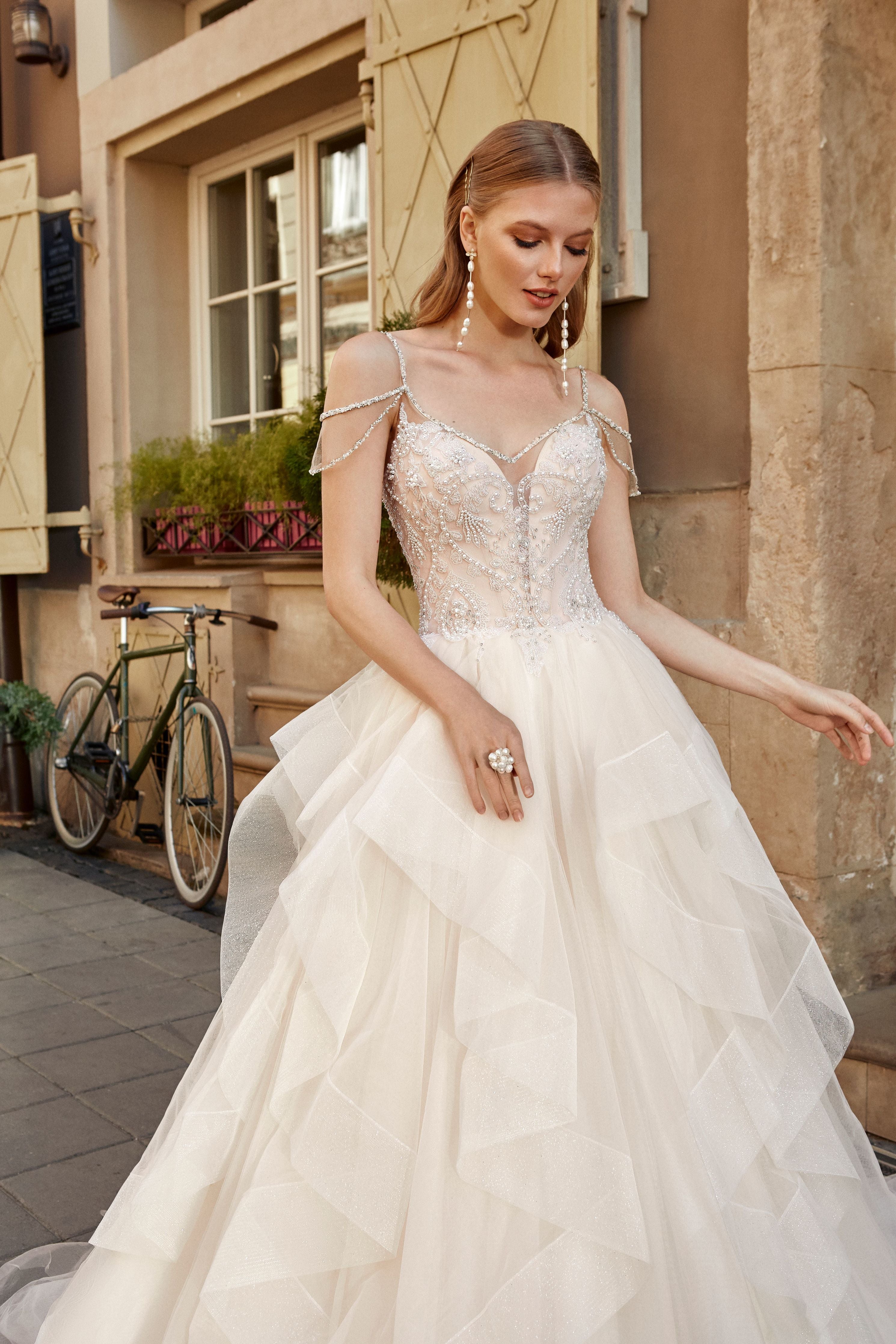 Carolina - Beaded Ball Gown Wedding Dress with Tiered Skirt - Maxima Bridal
