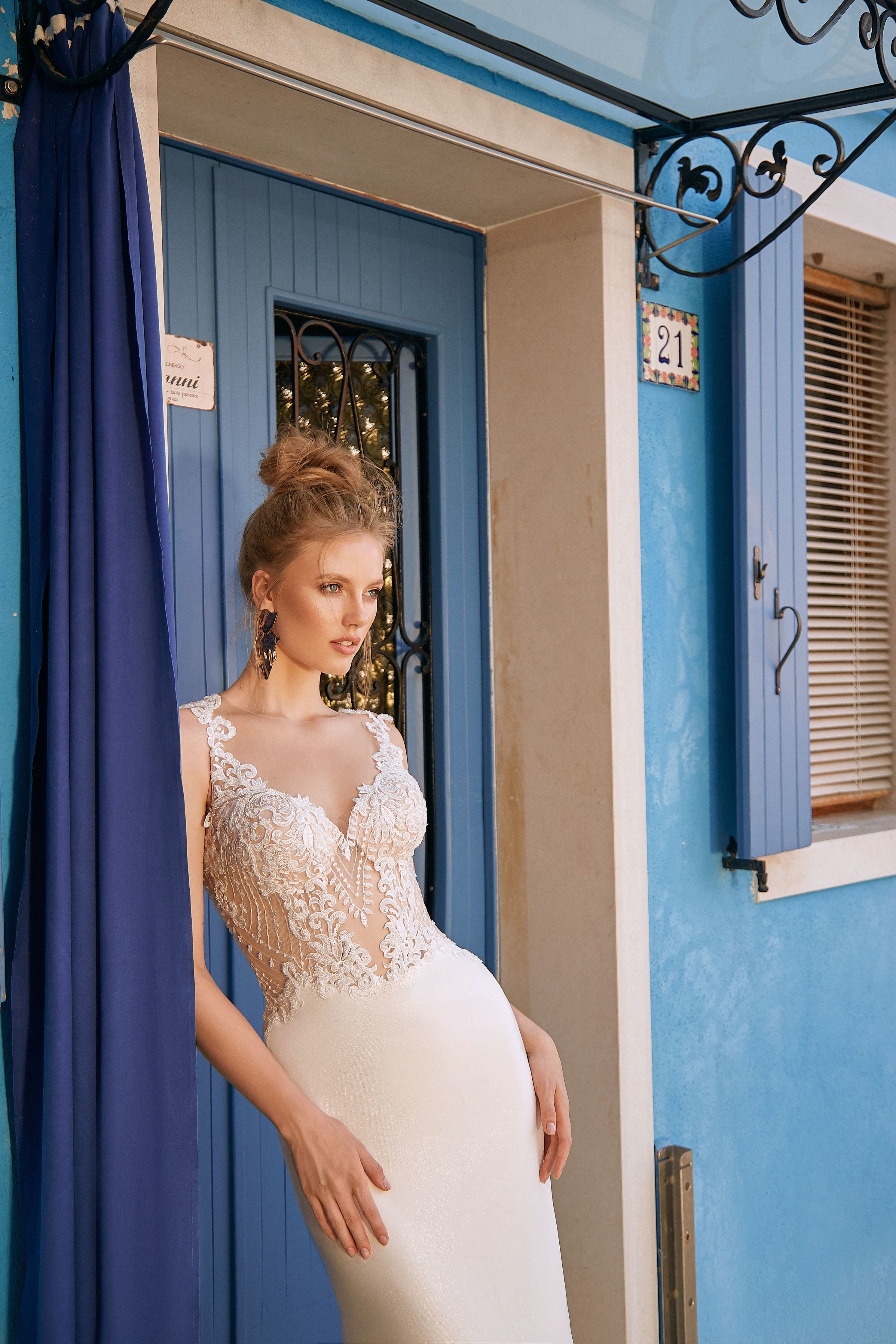 Giselle - Crepe Mermaid Wedding Dress with Illusion Neckline - Maxima Bridal