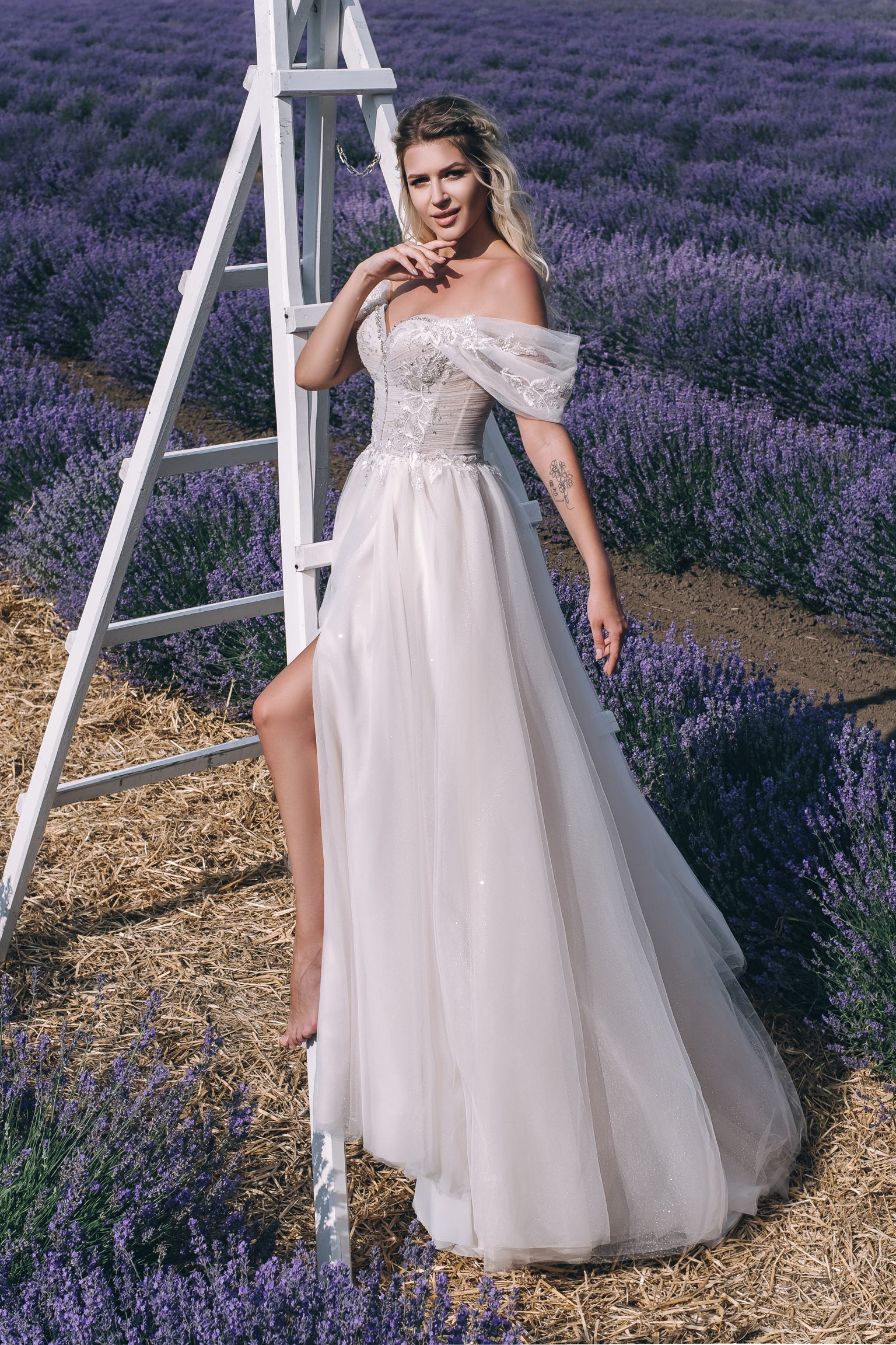Aurelie - Off the Shoulder A-Line Wedding Dress with Side Slit - Maxima Bridal