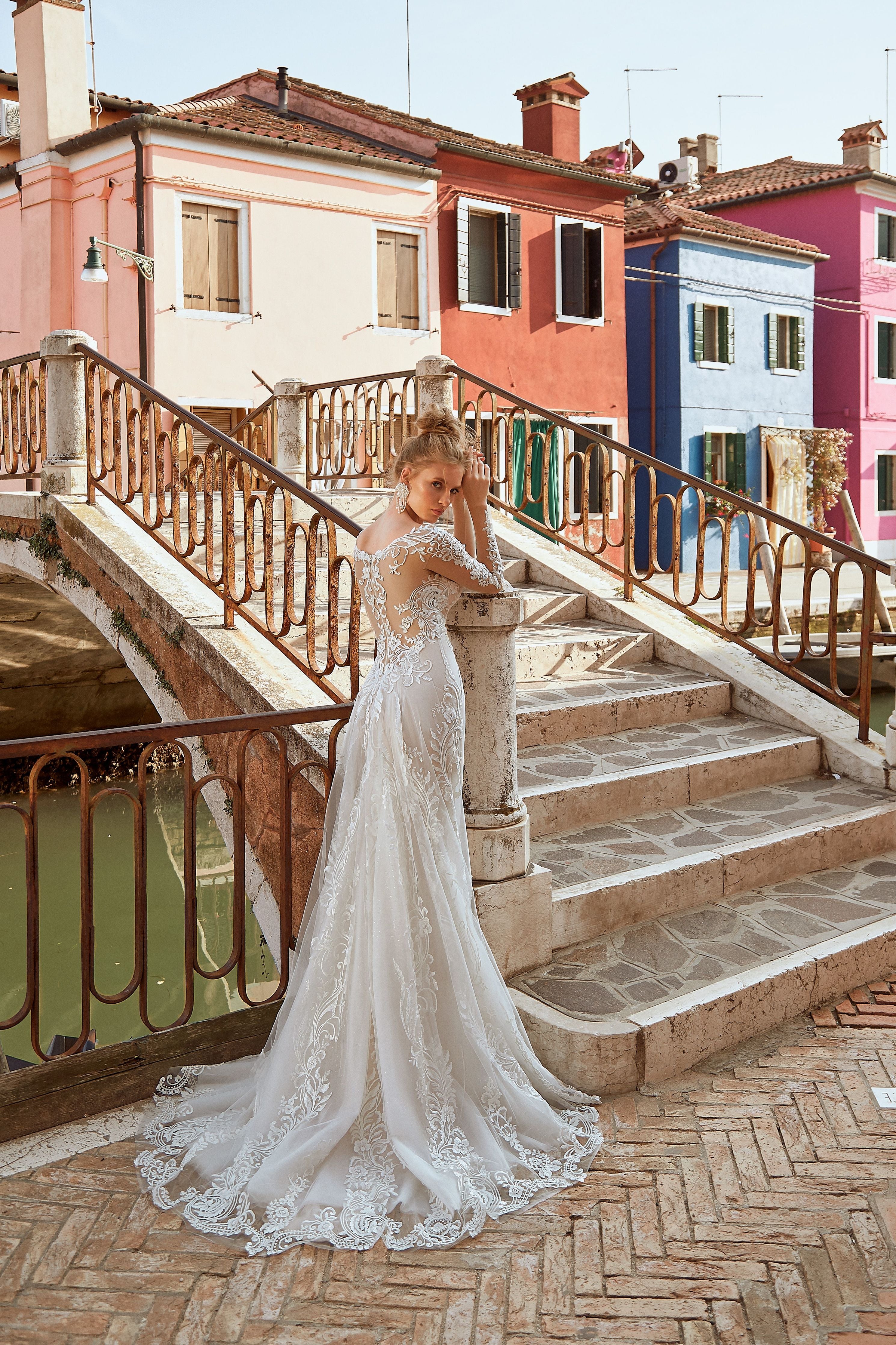 Christine - Floral Lace Long Sleeve Sheath Wedding Dress - Maxima Bridal