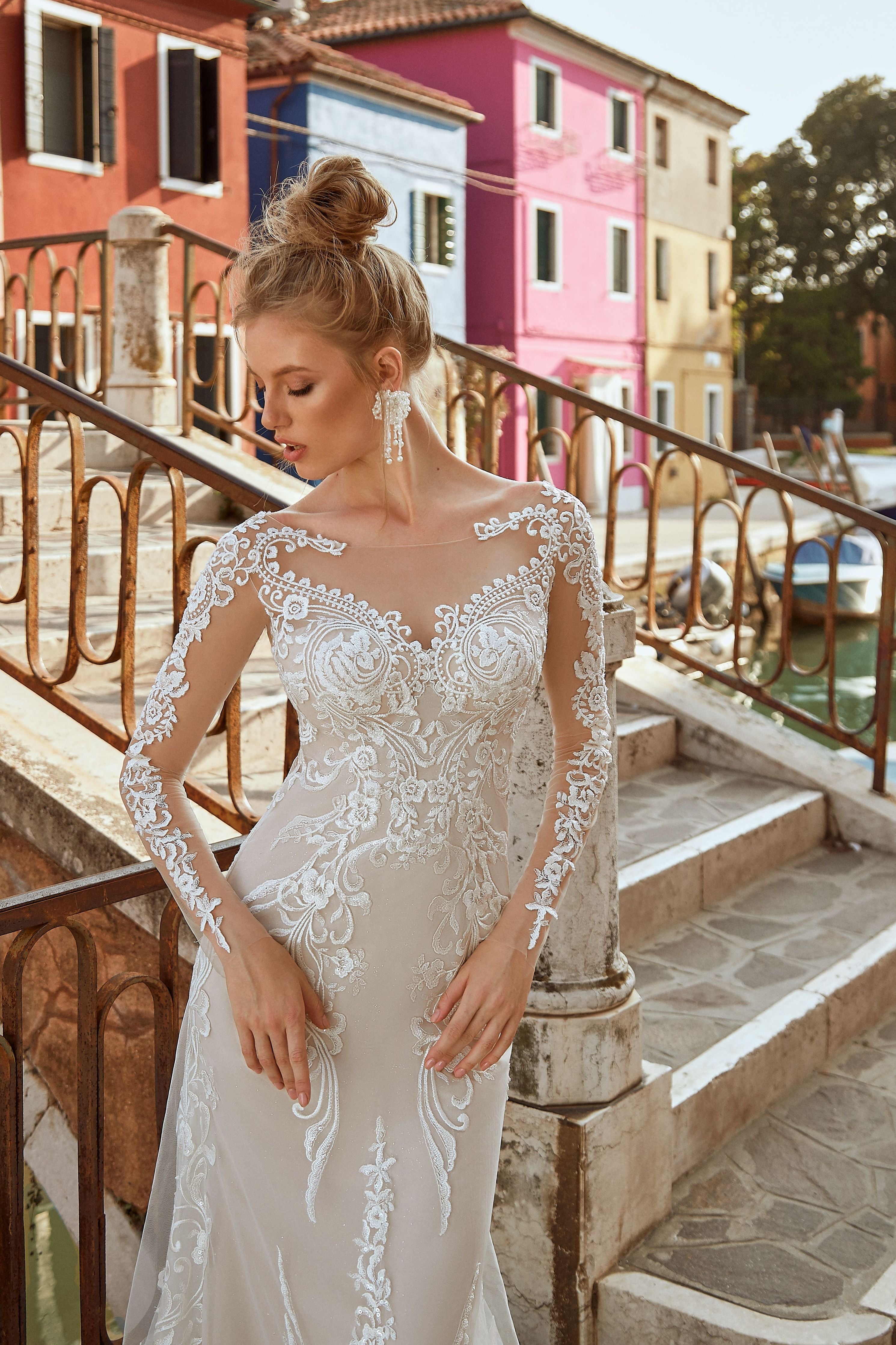 Christine - Floral Lace Long Sleeve Sheath Wedding Dress - Maxima Bridal