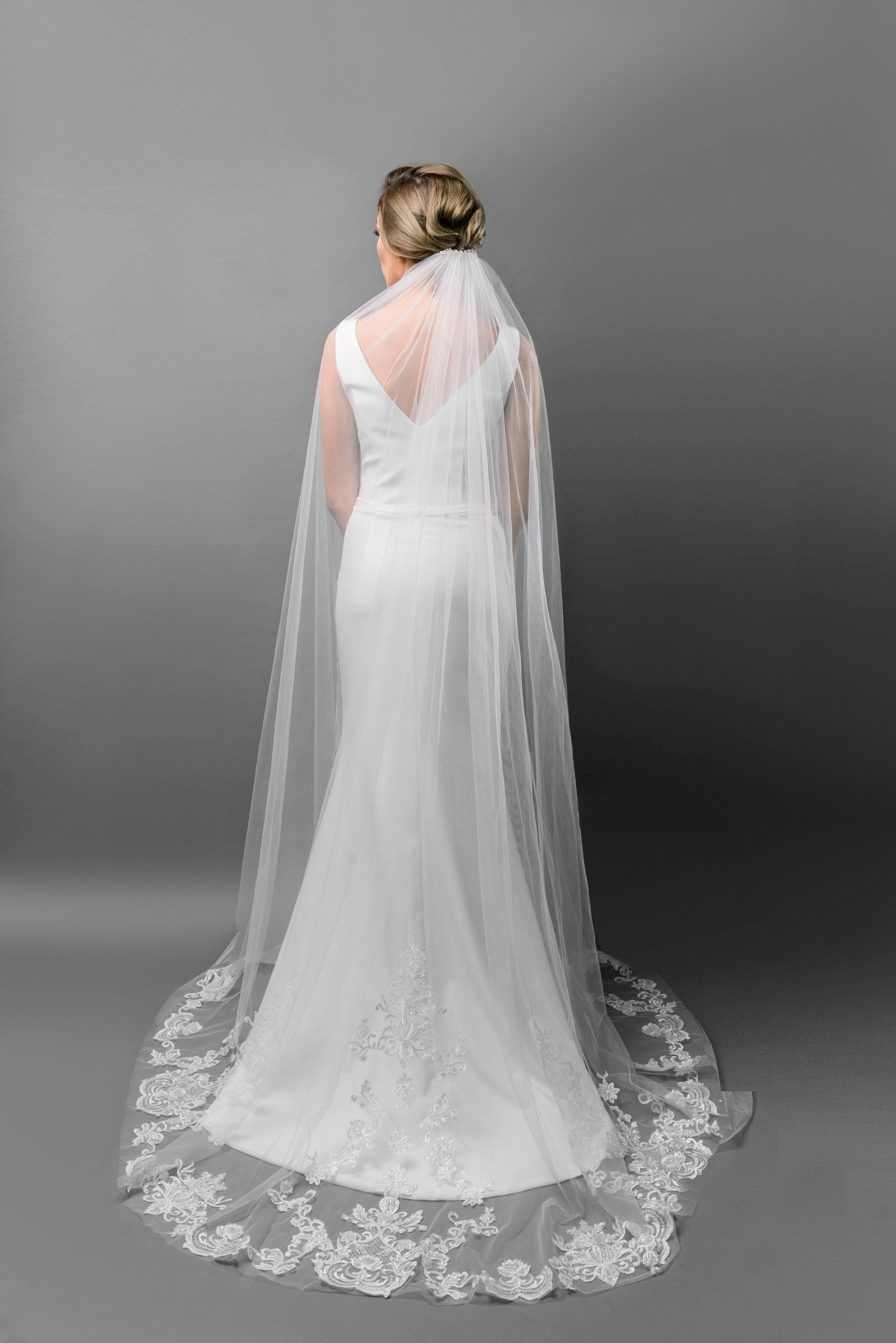 Cathedral Length Bridal Veil with Lace Applique and Sparkly Sequins - Maxima Bridal