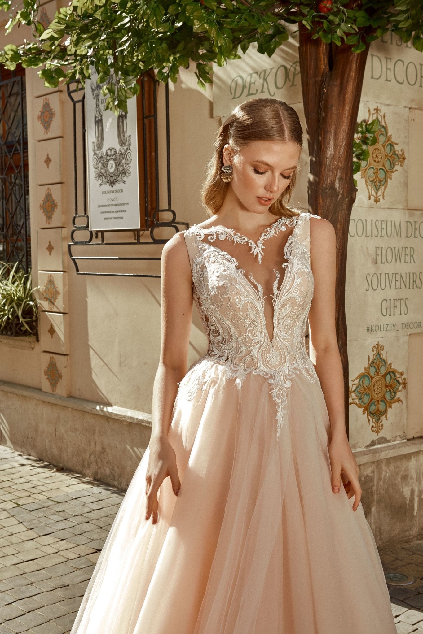Anabel - Illusion Neckline A - Line Wedding Dress with Tulle Skirt - Maxima Bridal