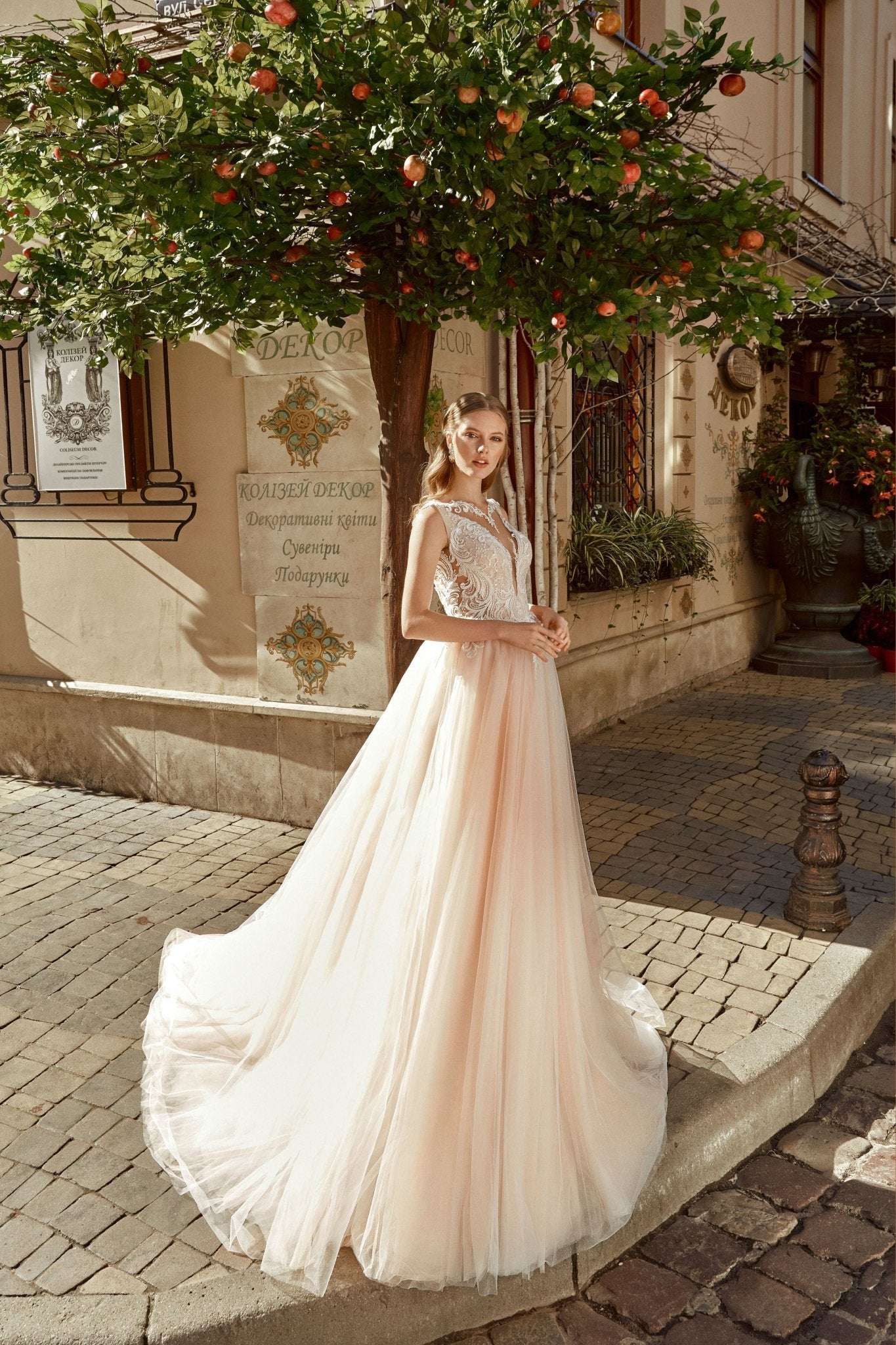 Anabel - Illusion Neckline A - Line Wedding Dress with Tulle Skirt - Maxima Bridal