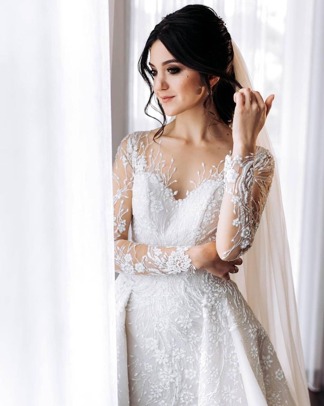 Angeli - Long Sleeve Floral Lace Wedding Dress with Overskirt - Maxima Bridal
