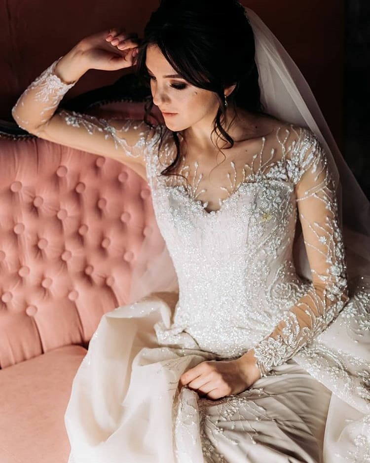 Angeli - Long Sleeve Floral Lace Wedding Dress with Overskirt - Maxima Bridal