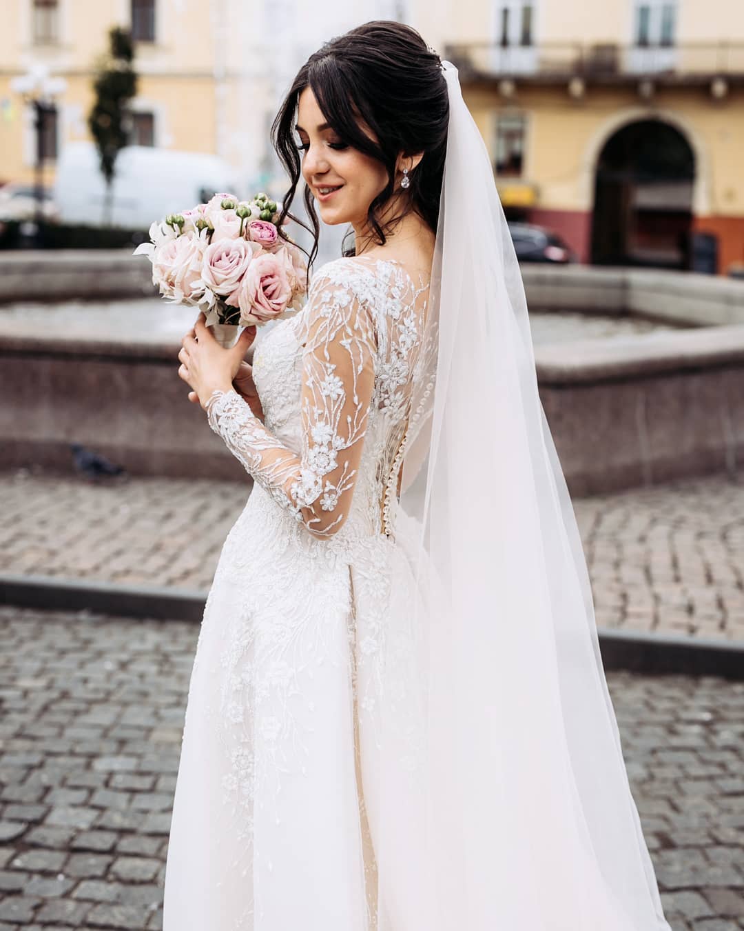Angeli - Long Sleeve Floral Lace Wedding Dress with Overskirt - Maxima Bridal