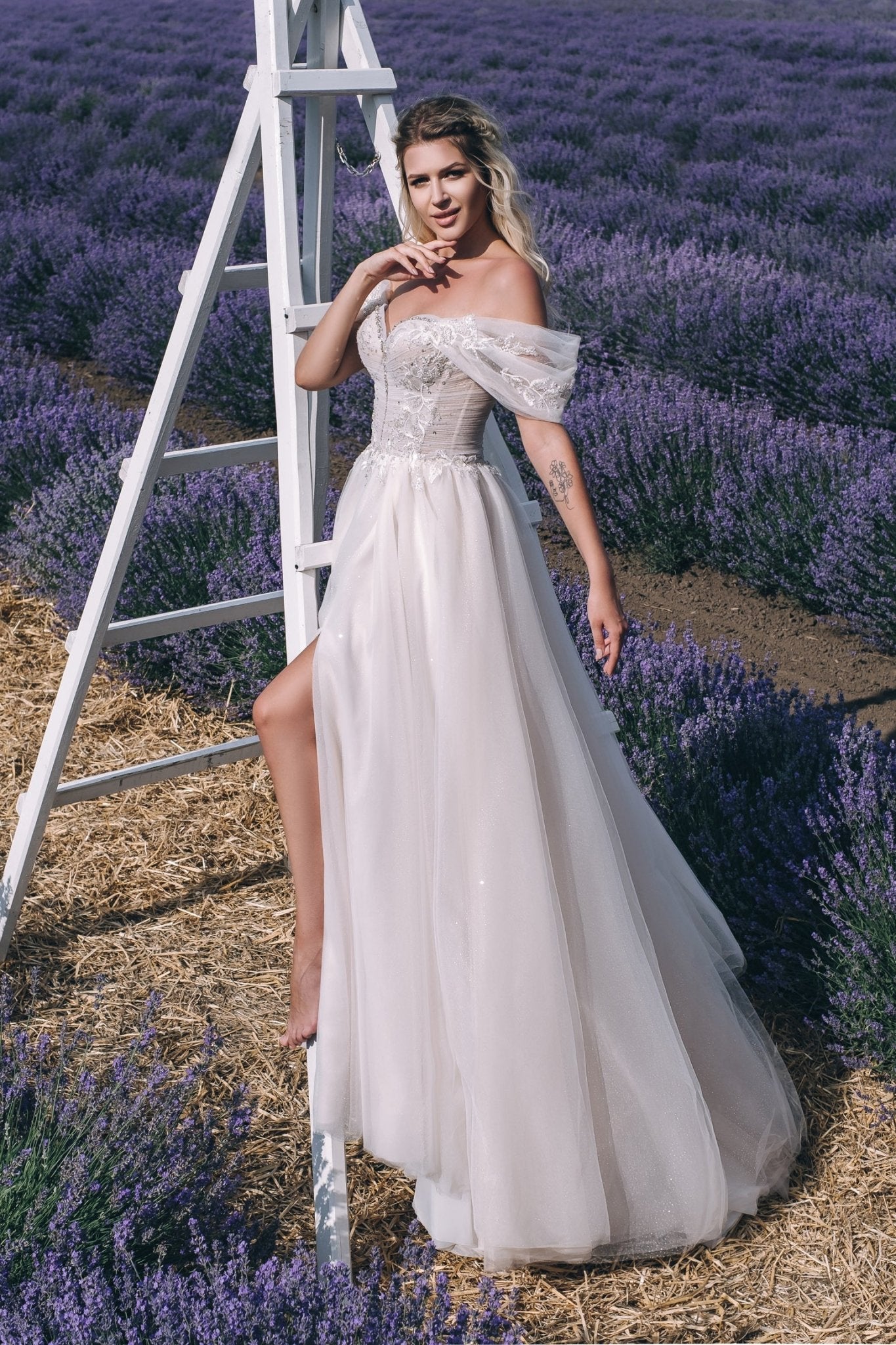 Aurelie - Off the Shoulder A - Line Wedding Dress with Side Slit - Maxima Bridal