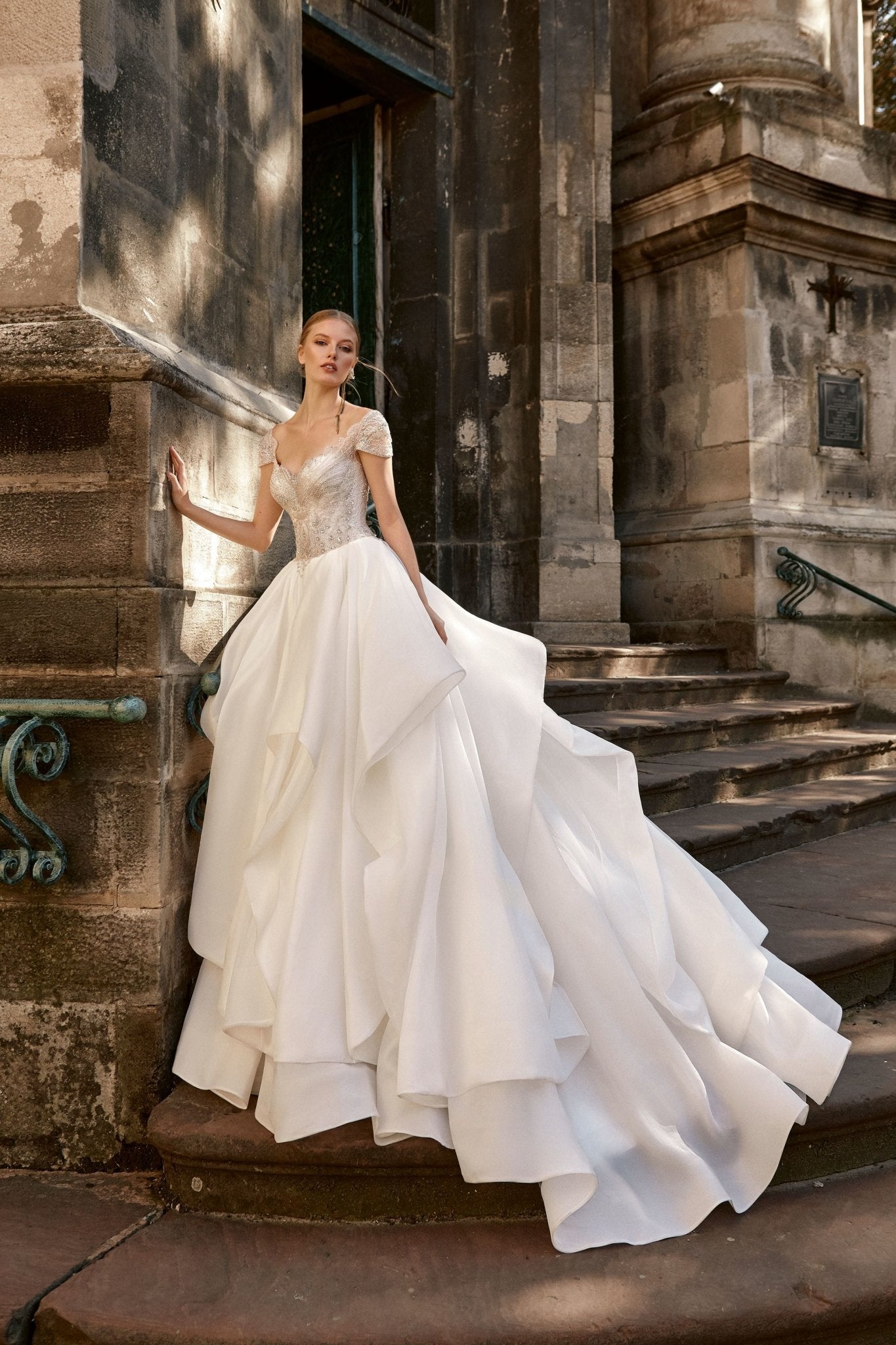 Aurora - Organza Ball Gown with Cap Sleeves and Ruffled Skirt - Maxima Bridal