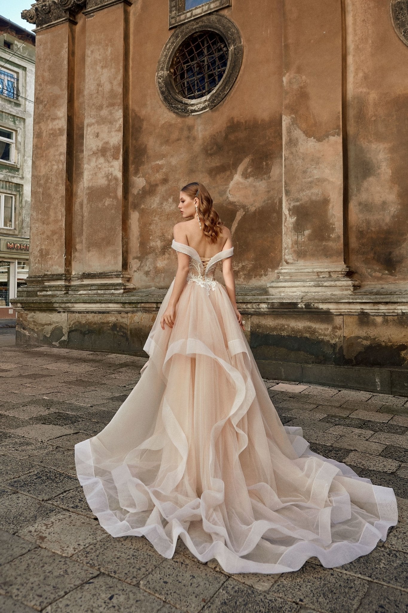 Brigitte - Off the Shoulder Sheath Wedding Dress with Detachable Train - Maxima Bridal