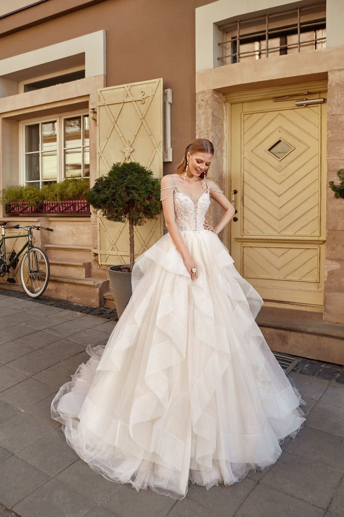 Carolina - Beaded Ball Gown Wedding Dress with Tiered Skirt Off White / Ivory / 10 Carolina - Beaded Ball Gown Wedding Dress with Tiered Skirt Off White / Ivory / 10
