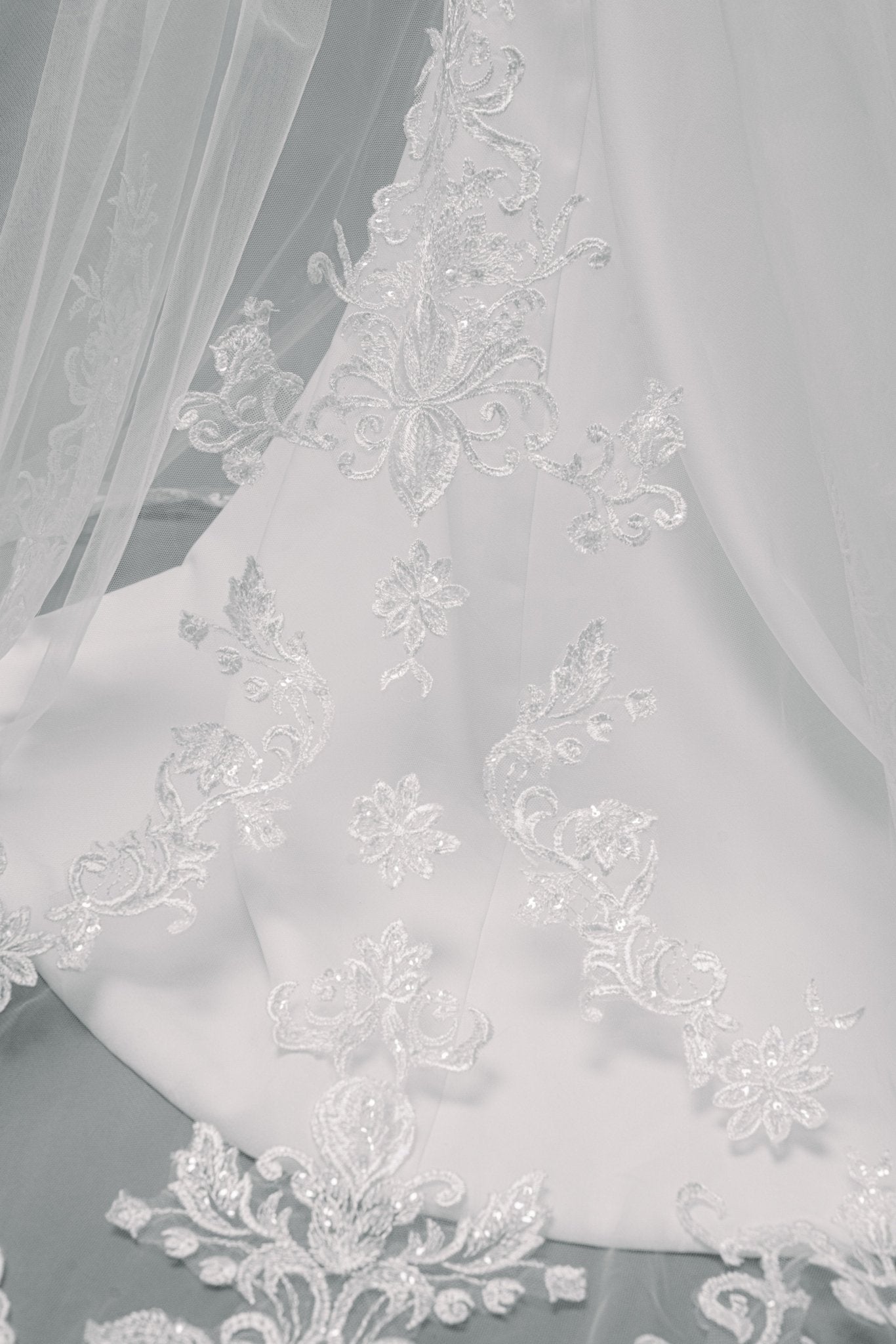 Cathedral Length Bridal Veil with Lace Applique and Sparkly Sequins - Maxima Bridal