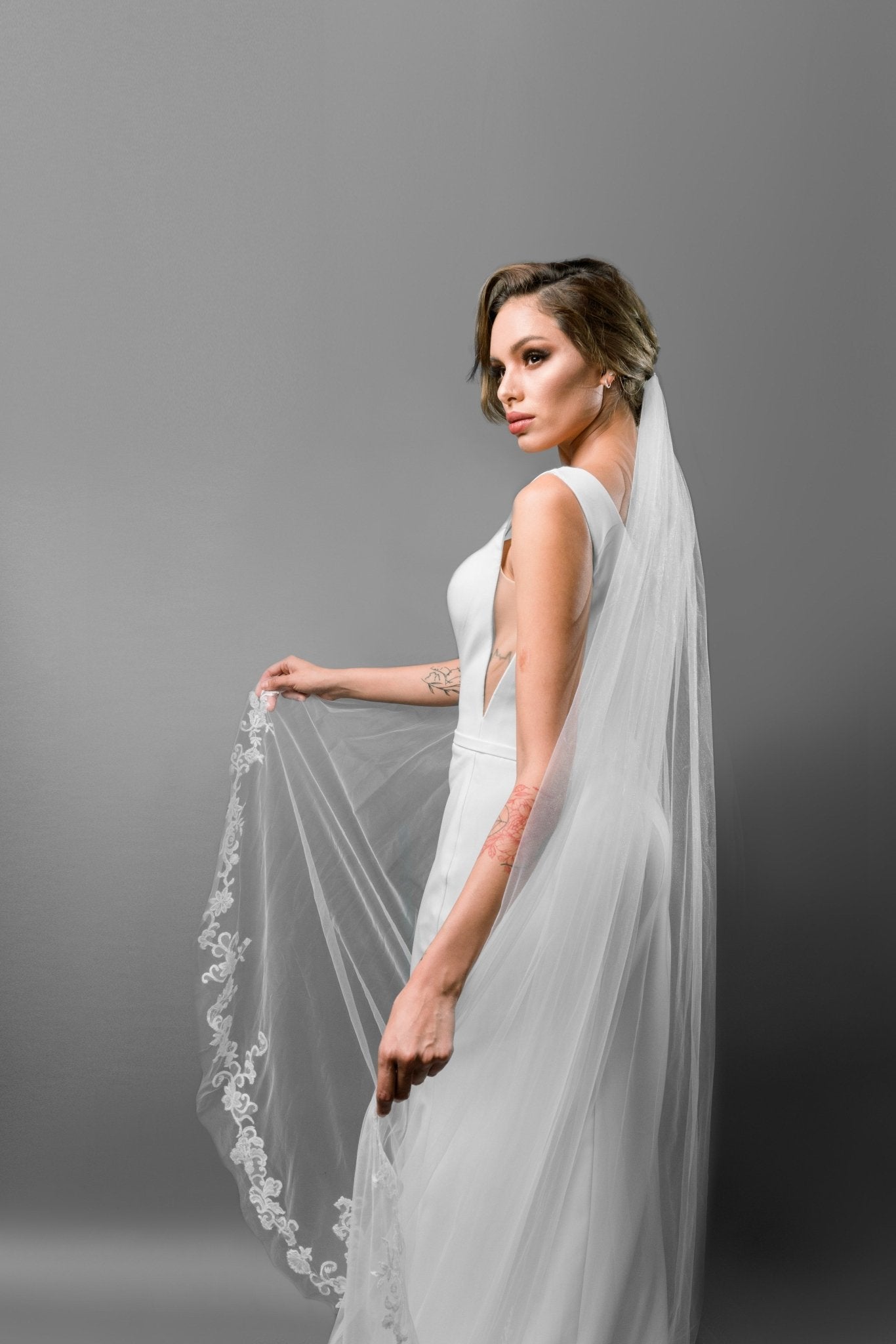 Cathedral Length Bridal Veil with Lace Applique and Sparkly Sequins - Maxima Bridal