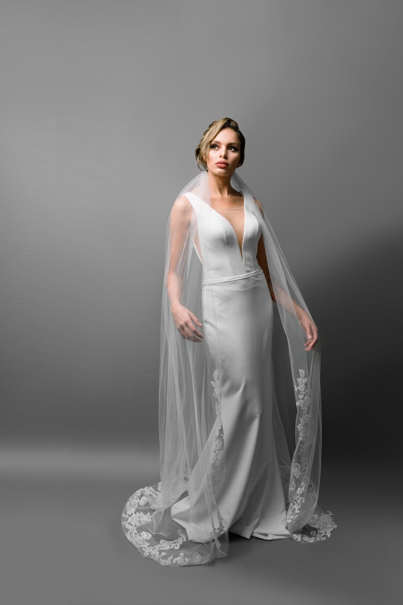 Cathedral Length Bridal Veil with Lace Applique and Sparkly Sequins - Maxima Bridal